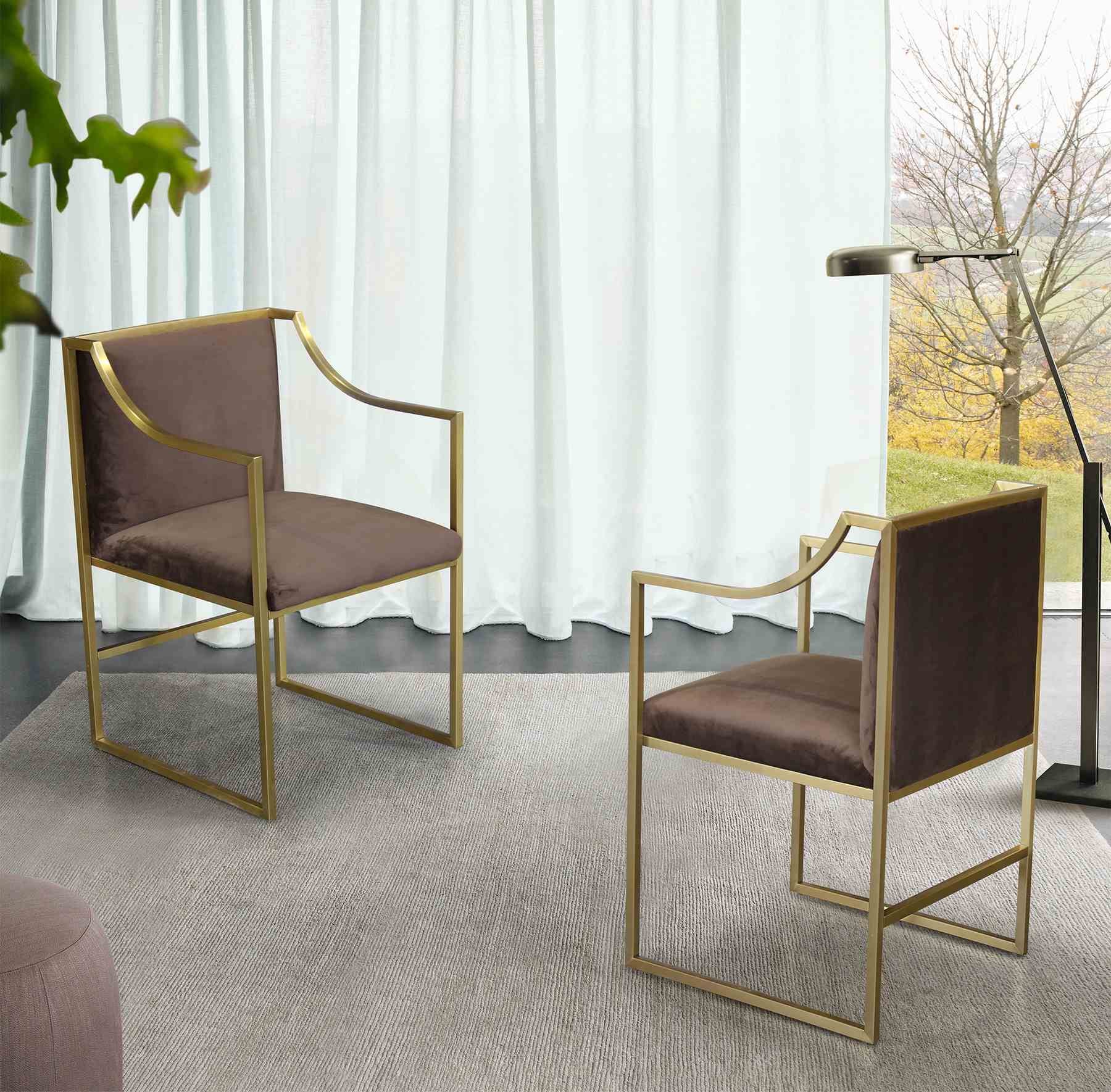 Seville Contemporary Dining Chair in Brushed Gold Finish and Brown Fabric - Image 6