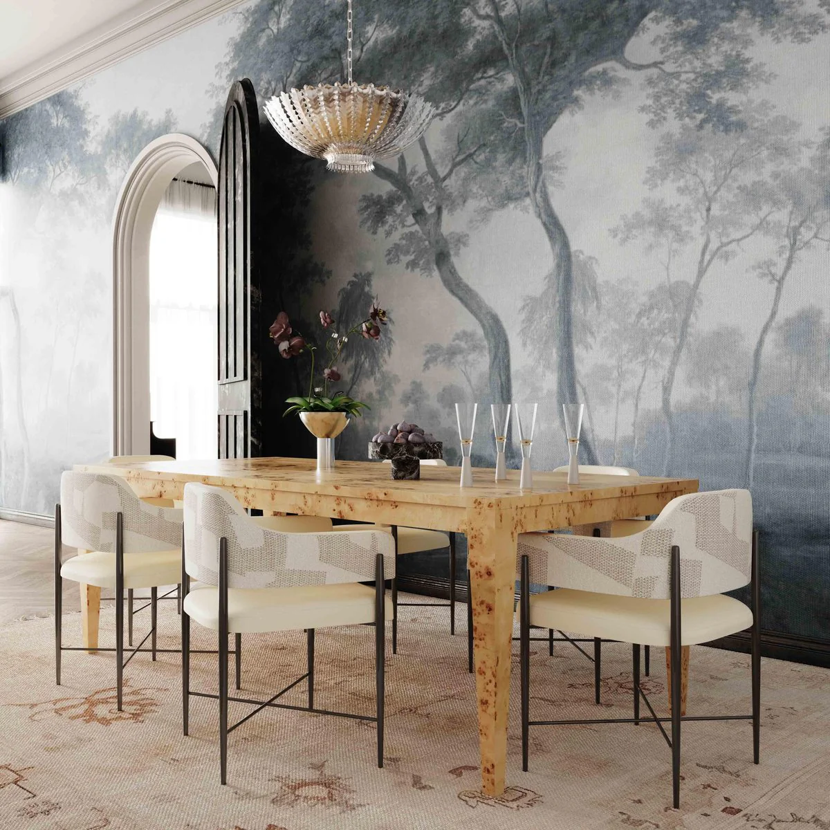Sezanne Cream Vegan Leather and 2-Tone Jacquard Dining Chair - Image 2