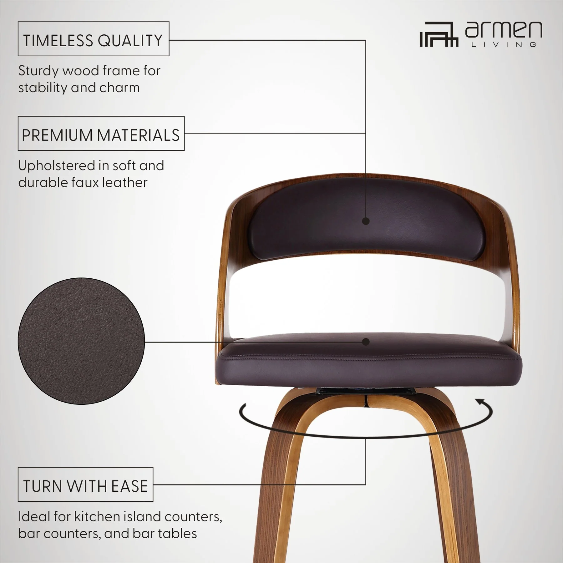 Shelly 26" Counter Height Swivel Brown Faux Leather and Walnut Wood Bar Stool - Image 8
