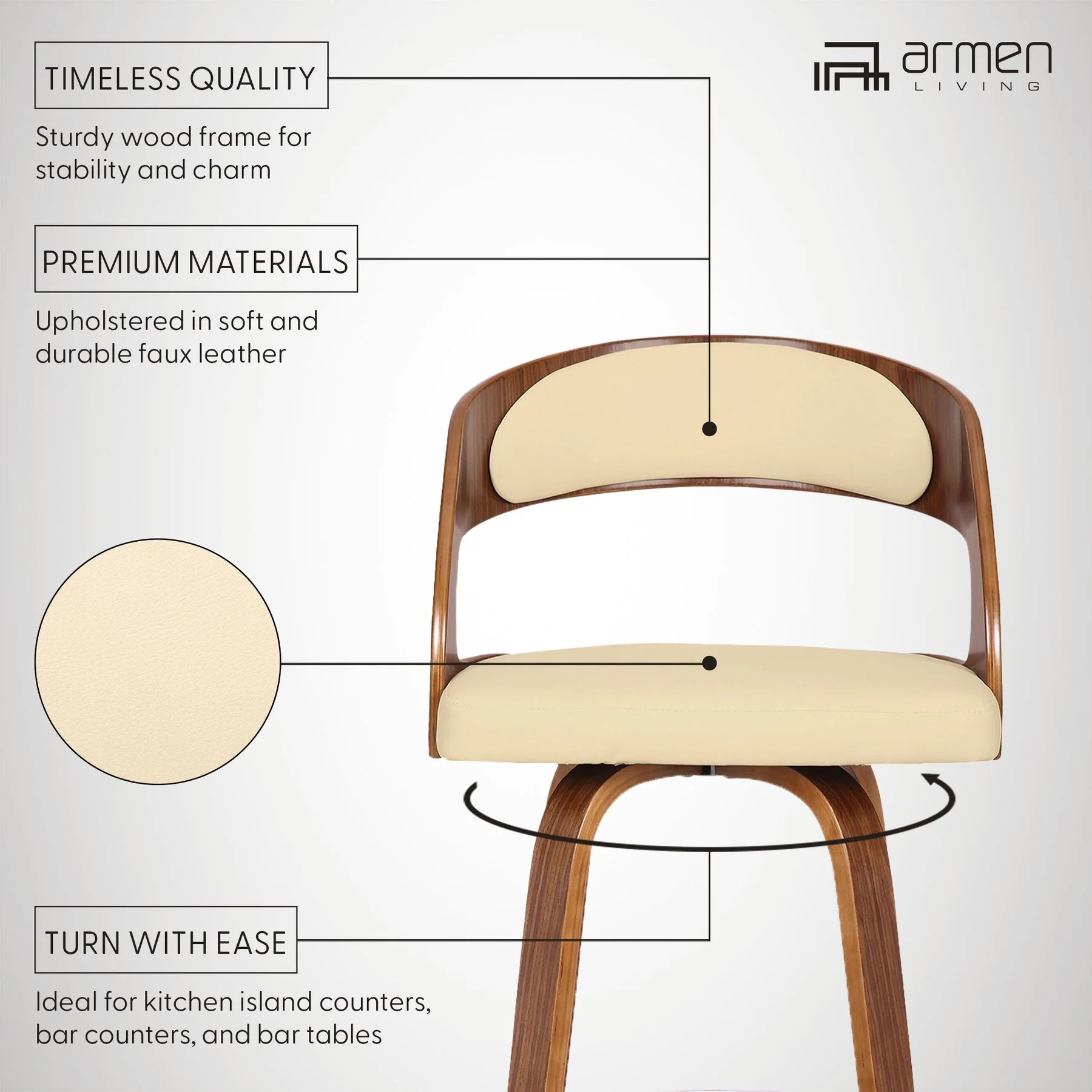 Shelly 26" Counter Height Swivel Cream Faux Leather and Walnut Wood Bar Stool - Image 7