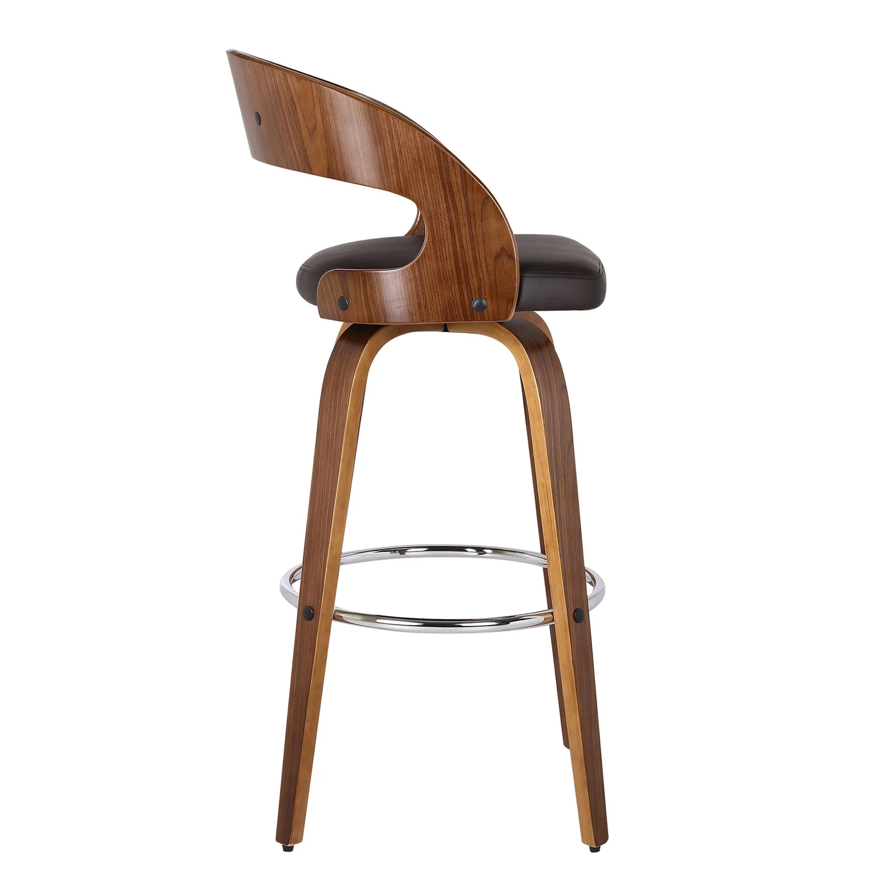 Shelly 30" Bar Height Swivel Brown Faux Leather and Walnut Wood Bar Stool - Image 4