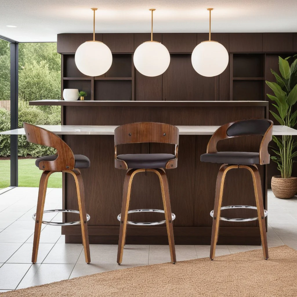 Shelly 30" Bar Height Swivel Brown Faux Leather and Walnut Wood Bar Stool - Image 7