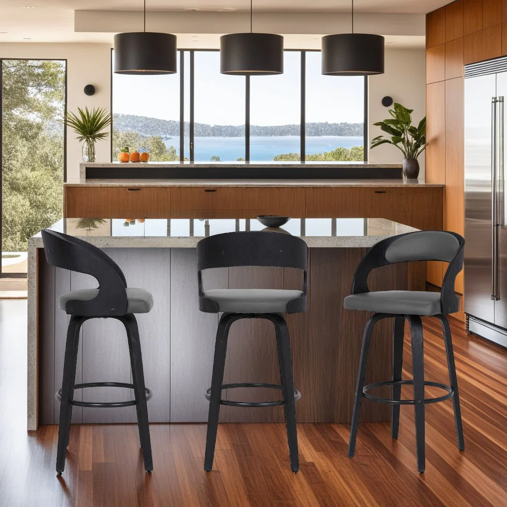 Shelly 30" Bar Height Swivel Gray Faux Leather and Black Wood Bar Stool - Image 7