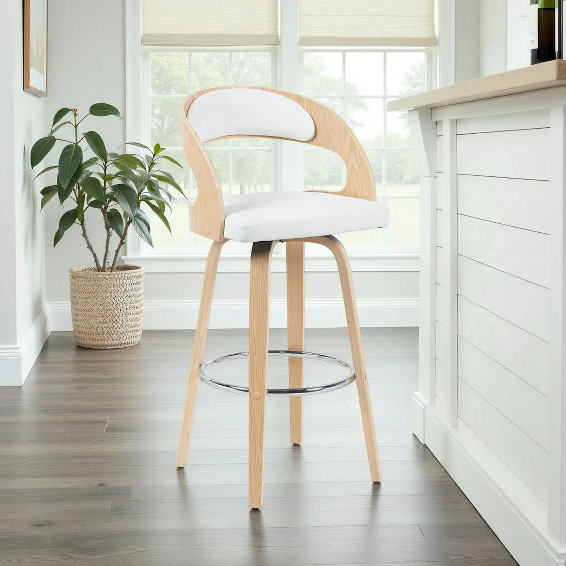 Shelly Modern Bar Height Swivel  Stool in Patterned Oak Finish with White Faux Leather Upholstered Seat - Image 7