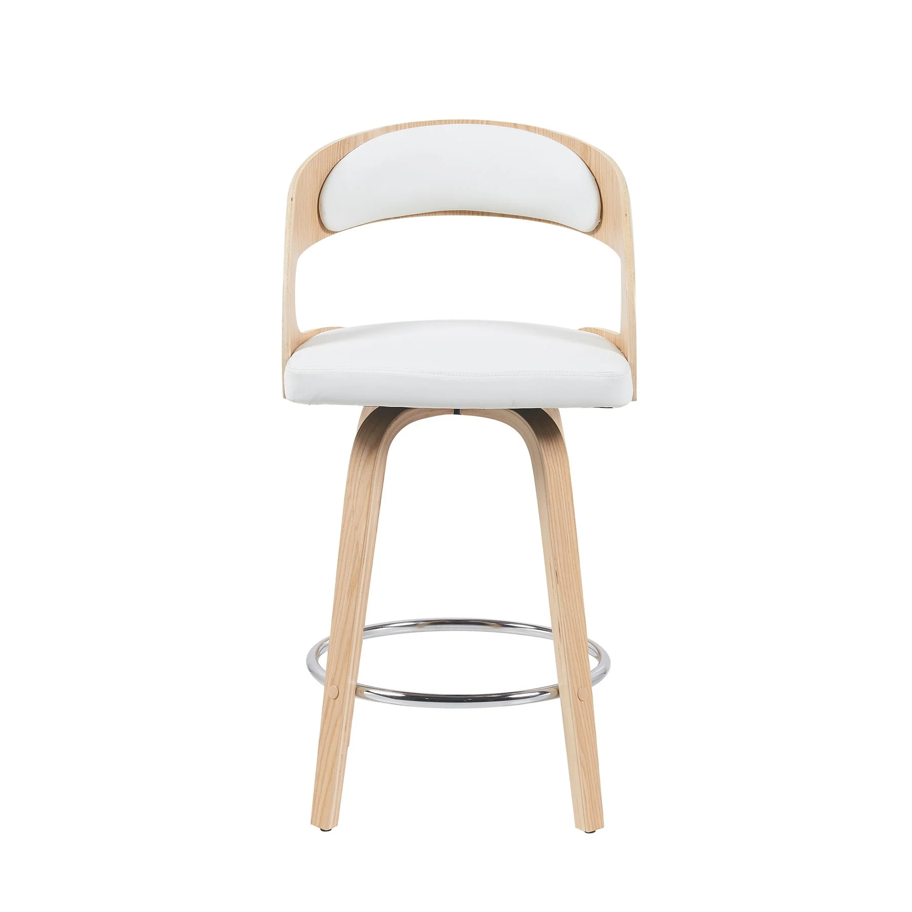 Shelly Modern Counter Height Swivel  Bar Stool in Patterned Oak Finish with White Faux Leather Upholstered Seat - Image 2