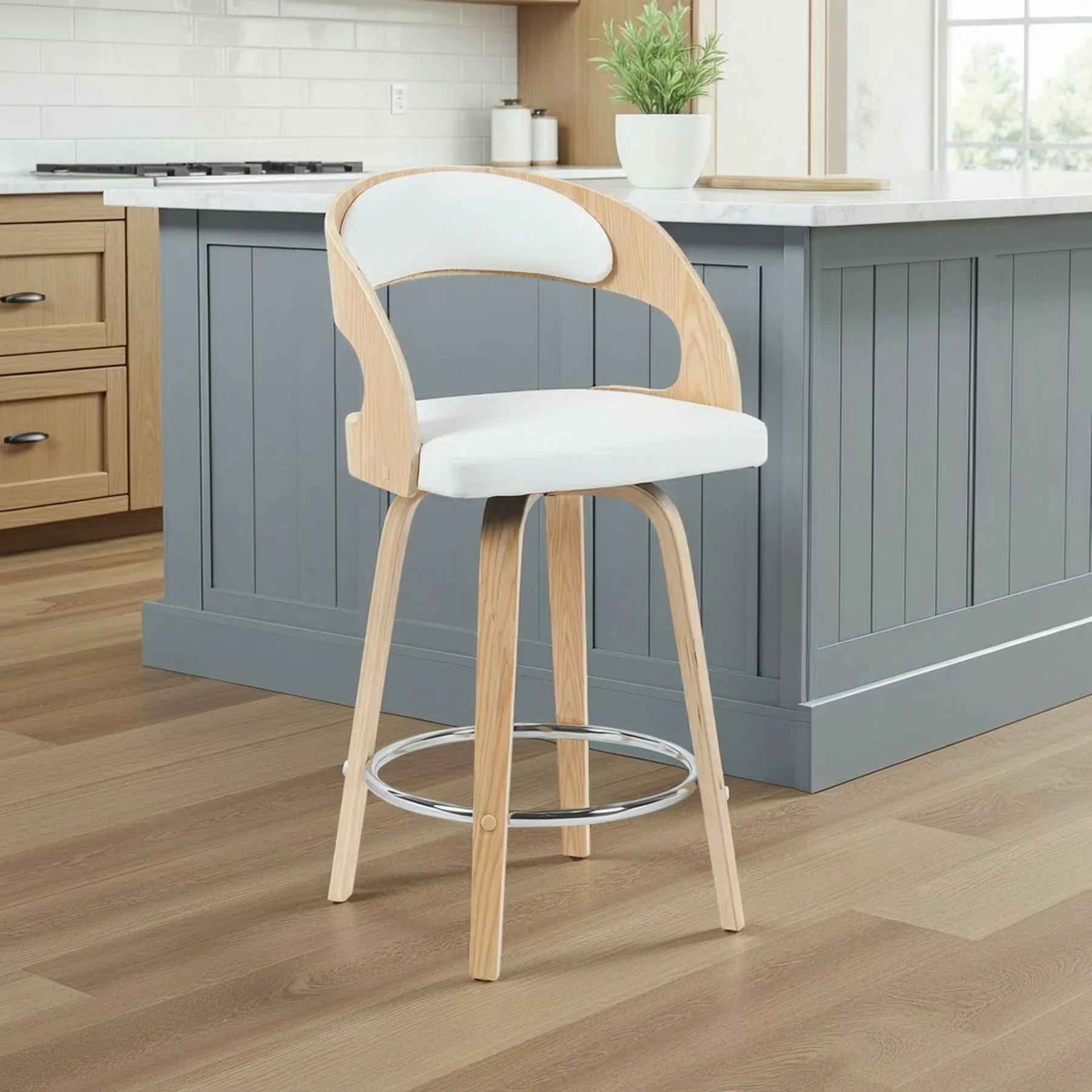 Shelly Modern Counter Height Swivel  Bar Stool in Patterned Oak Finish with White Faux Leather Upholstered Seat - Image 7