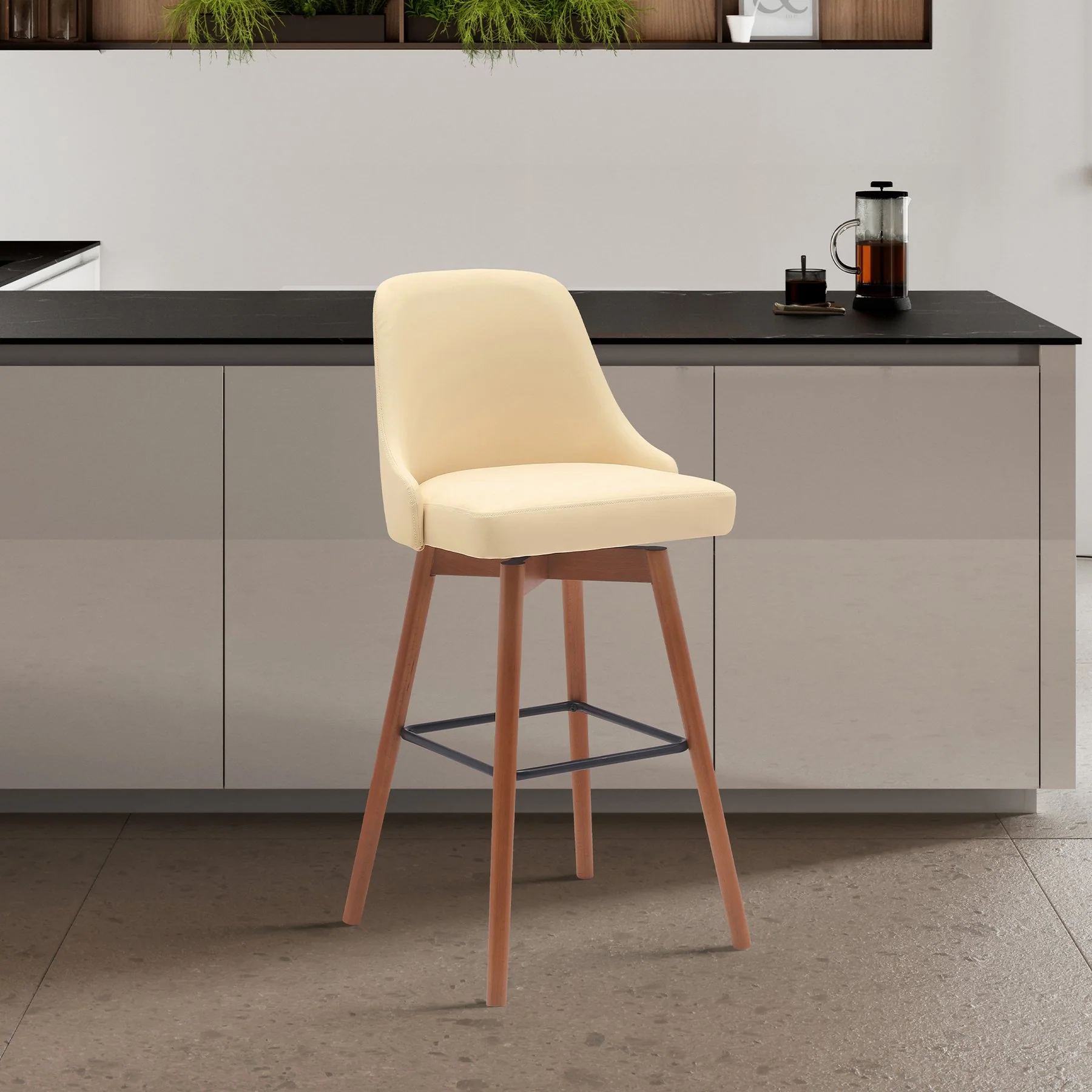Sicily 30" Swivel Walnut Wood Bar Stool in Cream Faux Leather - Image 8