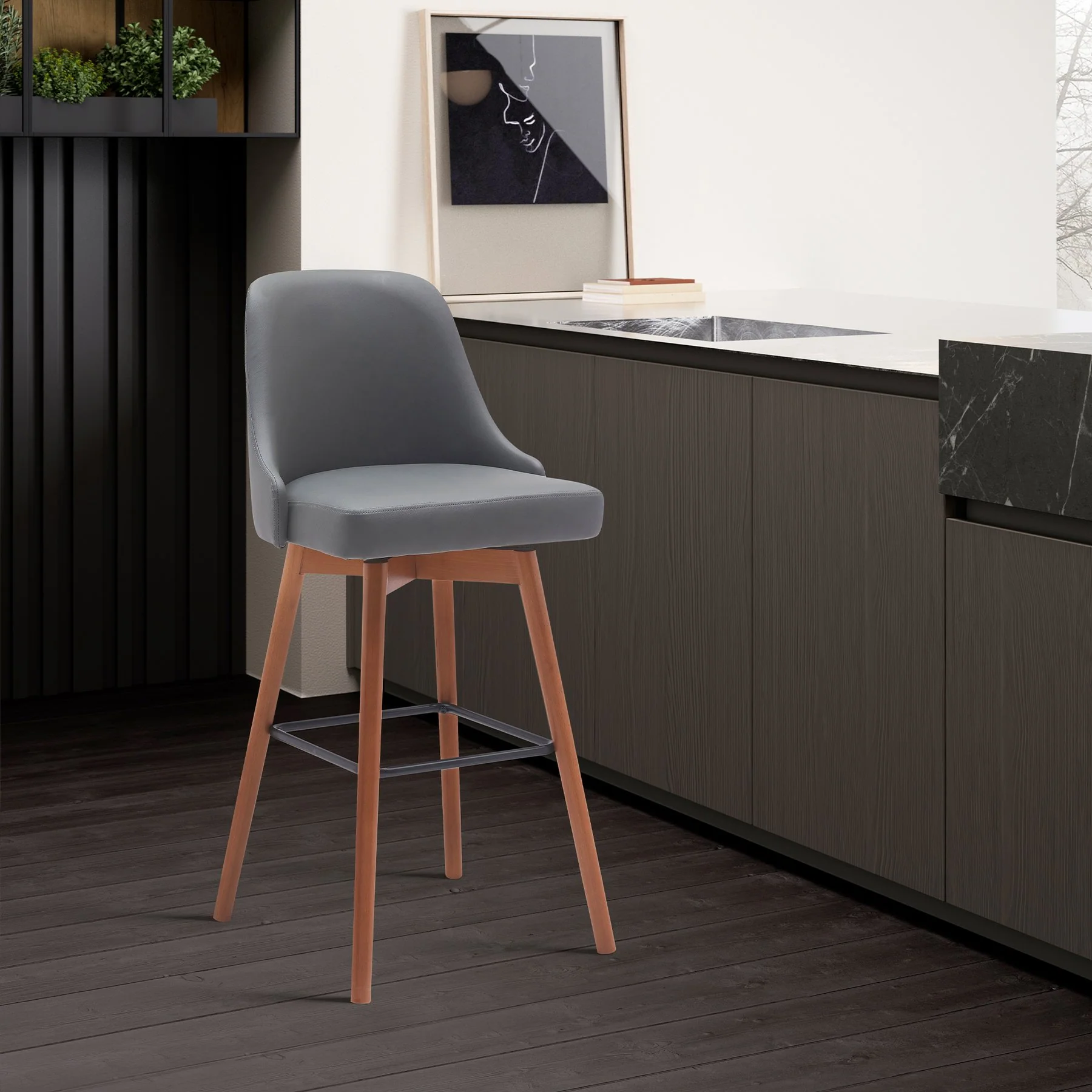 Sicily 30" Swivel Walnut Wood Bar Stool in Gray Faux Leather - Image 8