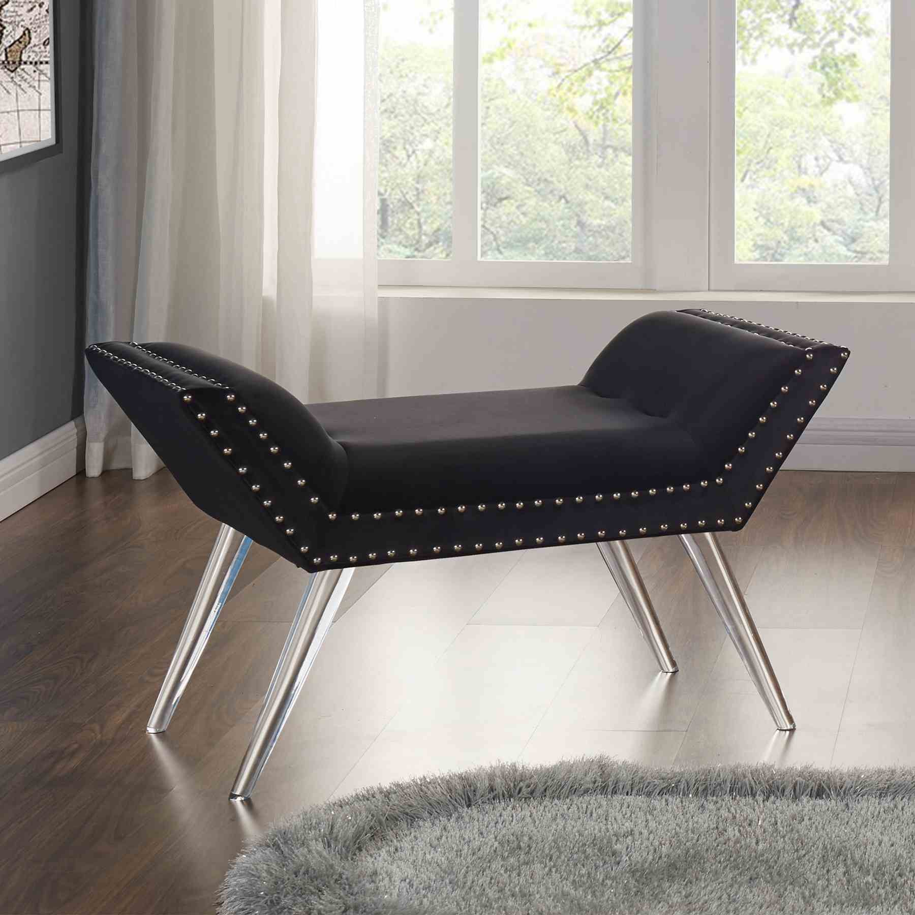 Silas Ottoman Bench in Black Tufted Velvet with Nailhead Trim and Acrylic Legs - Image 2