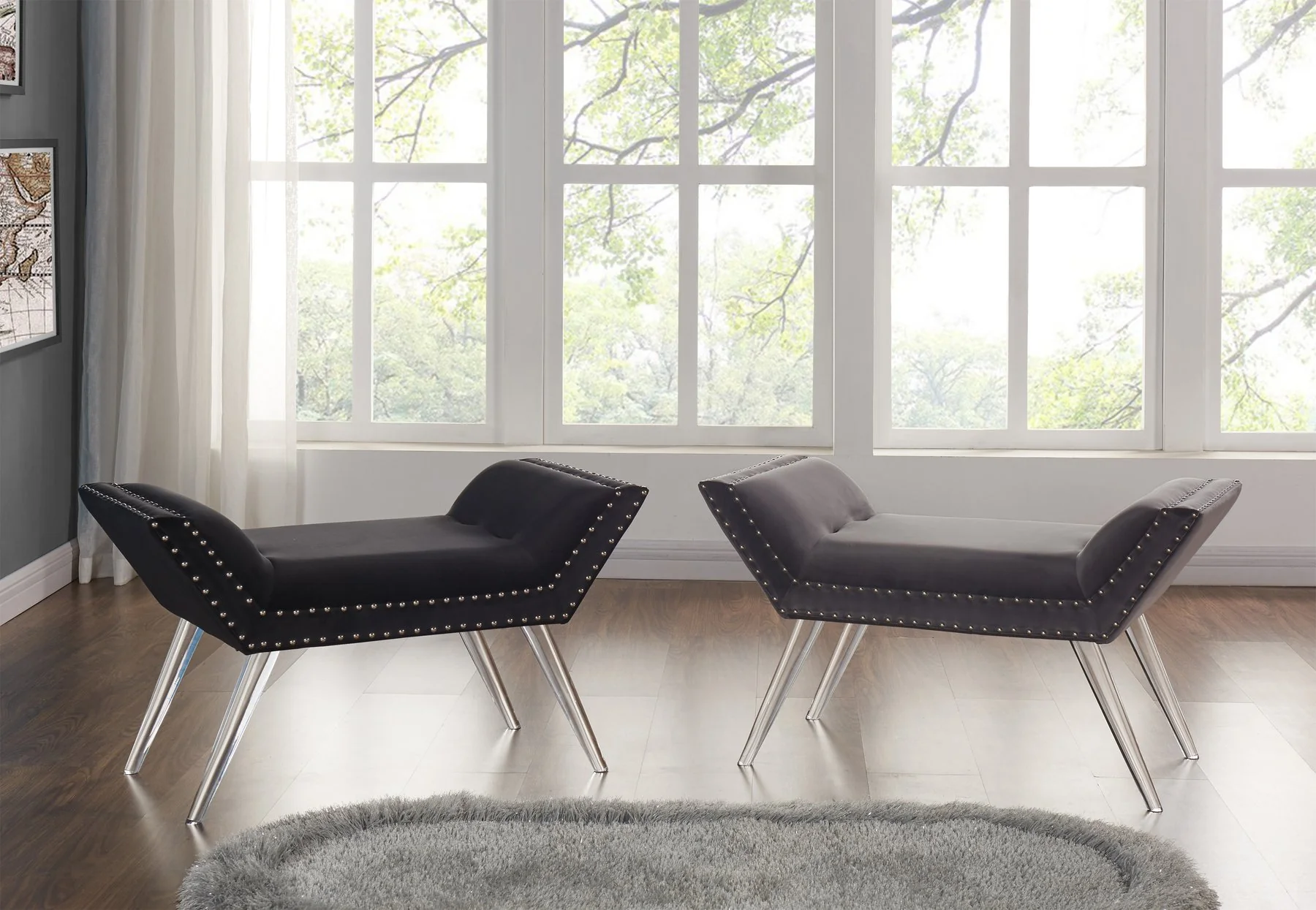 Silas Ottoman Bench in Black Tufted Velvet with Nailhead Trim and Acrylic Legs - Image 3