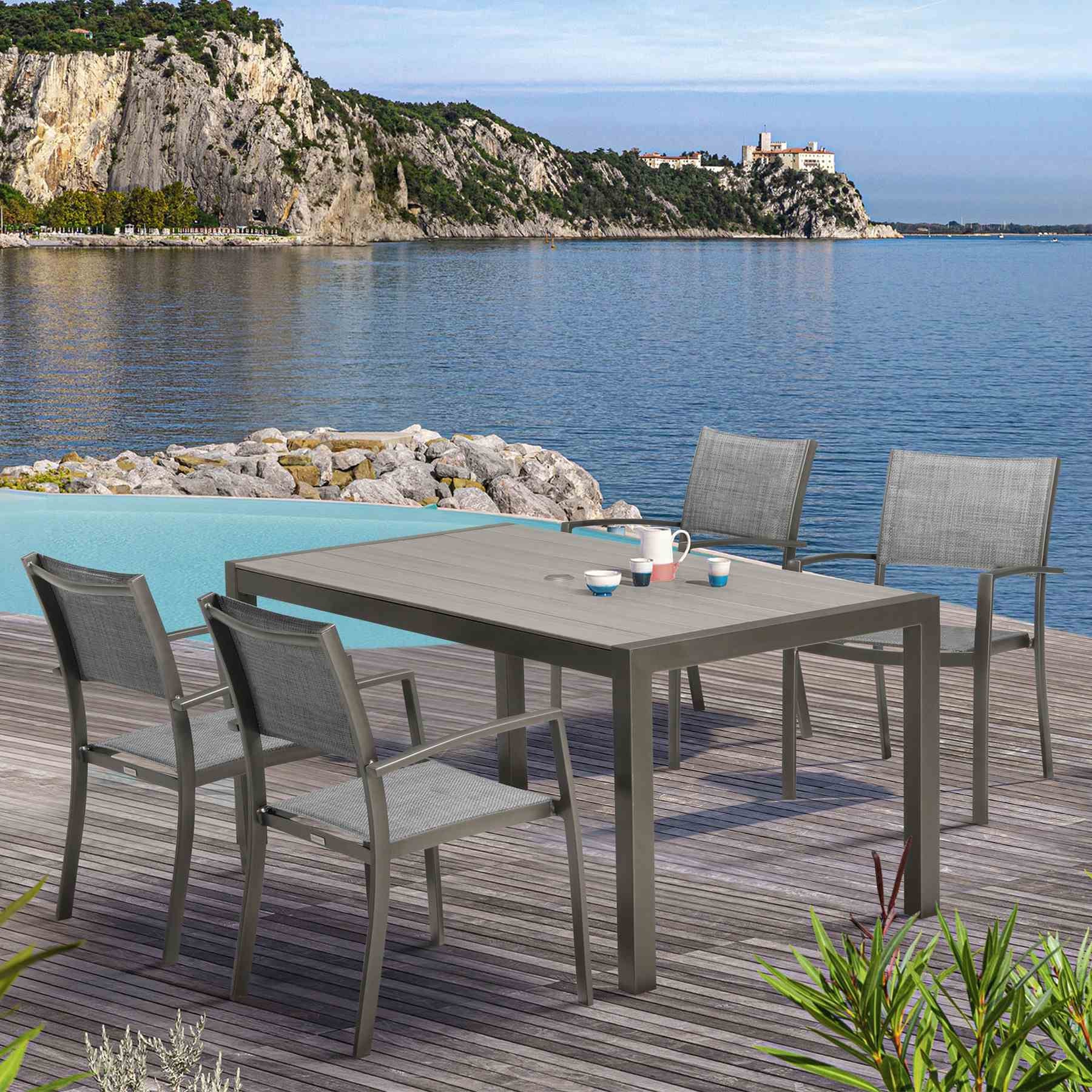 Solana Outdoor Rectangular Aluminum Dining Table in Cosmos Gray Finish with Wood Top - Image 6