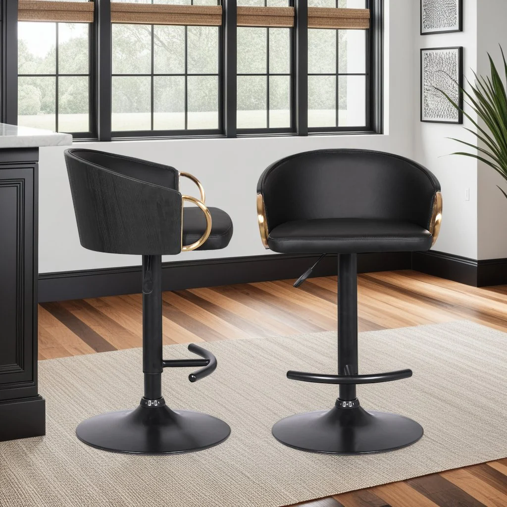 Solstice Adjustable Black Faux Leather Swivel Barstool With Black Powder Coated Finish and Gold Accents - Image 6