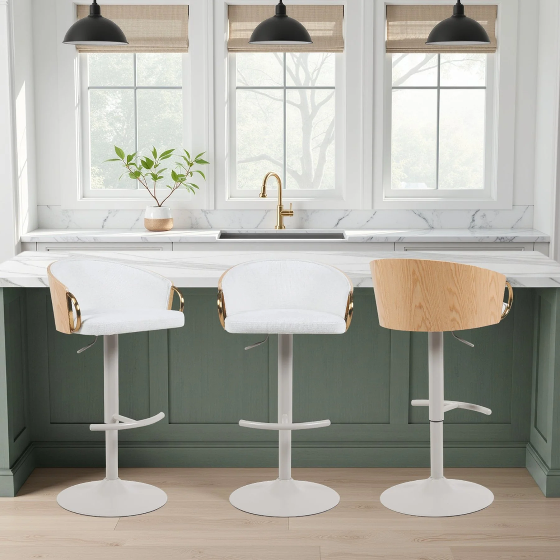 Solstice Modern Adjustable Swivel Barstool in Ivory Finish with White Upholstered Seat, Patterned Oak Wood Accents - Image 8