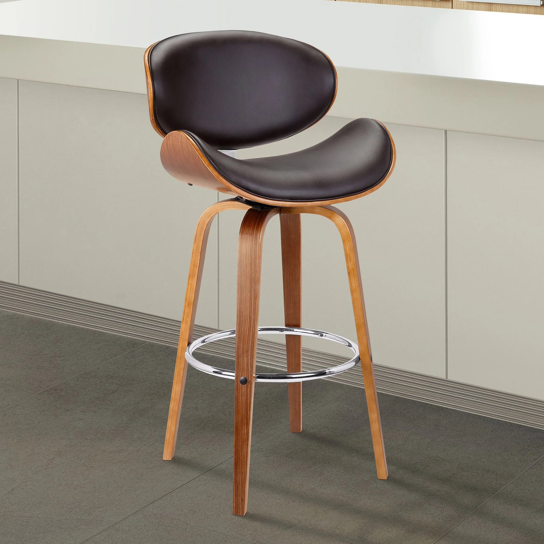 Solvang 30" Swivel Brown Faux Leather and Walnut Wood Bar Stool - Image 8