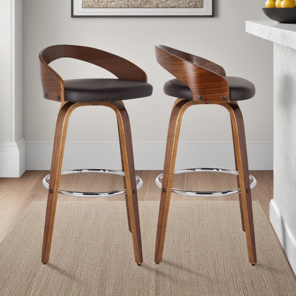 Sonia 26" Counter Height Swivel Brown Faux Leather and Walnut Wood Bar Stool - Image 8