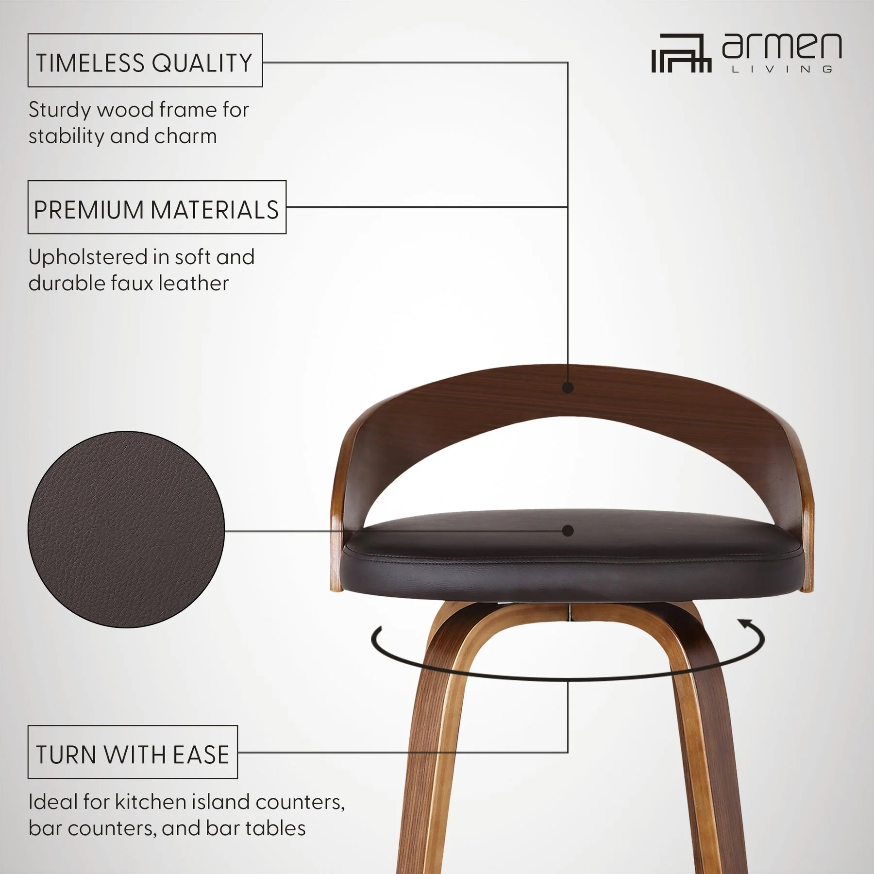 Sonia 26" Counter Height Swivel Brown Faux Leather and Walnut Wood Bar Stool - Image 9
