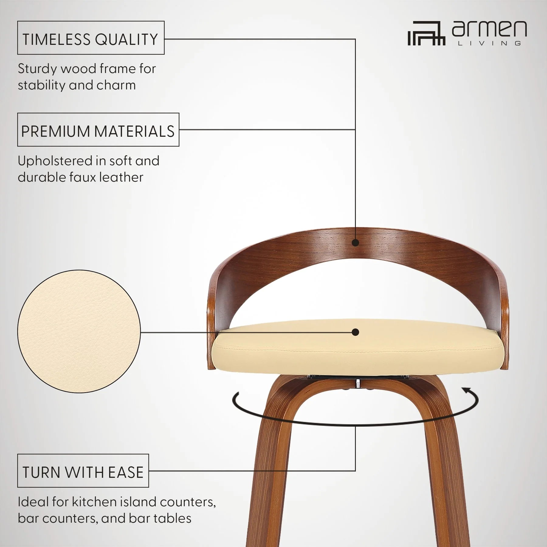 Sonia 26" Counter Height Swivel Cream Faux Leather and Walnut Wood Bar Stool - Image 10