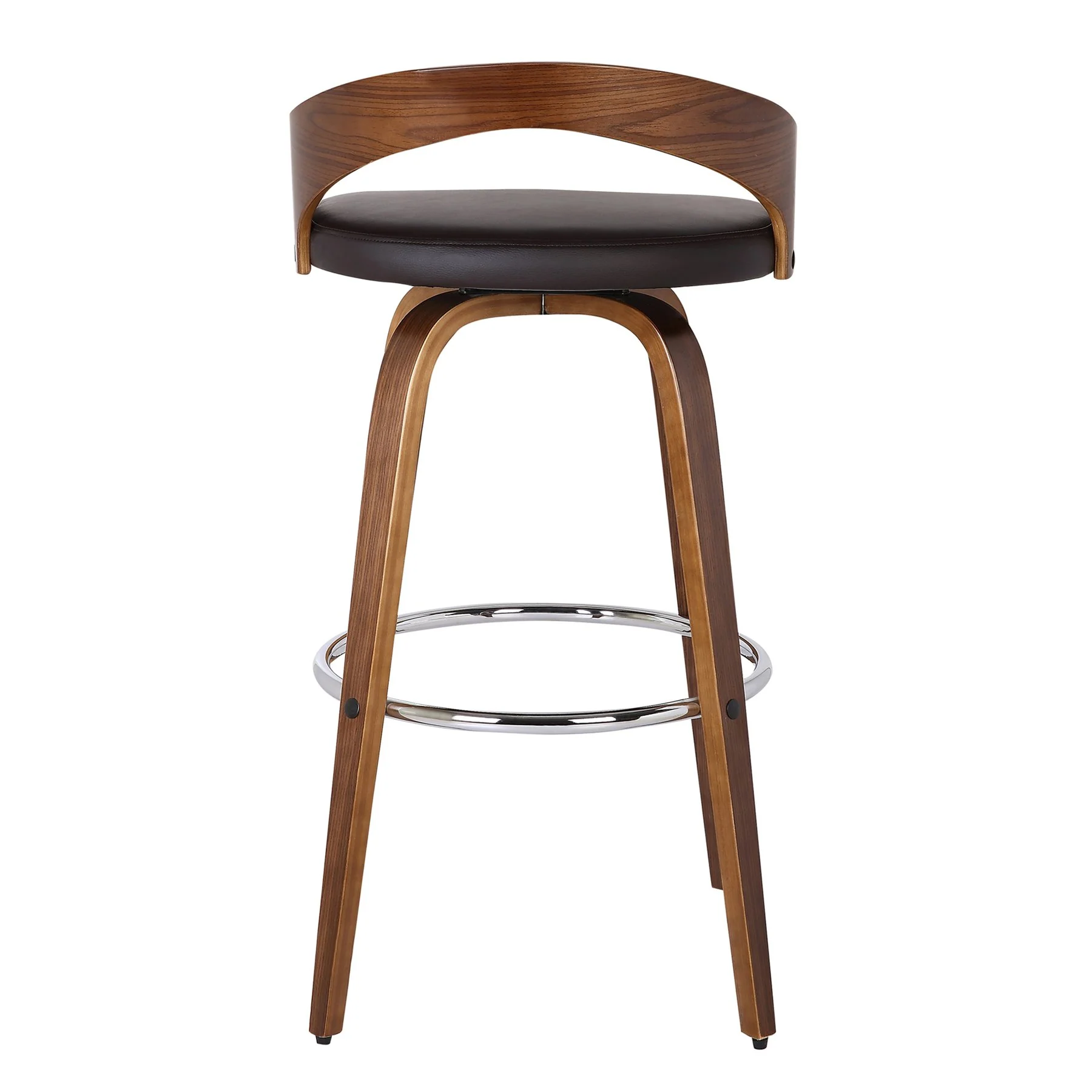 Sonia 30" Bar Height Swivel Brown Faux Leather and Walnut Wood Bar Stool - Image 2