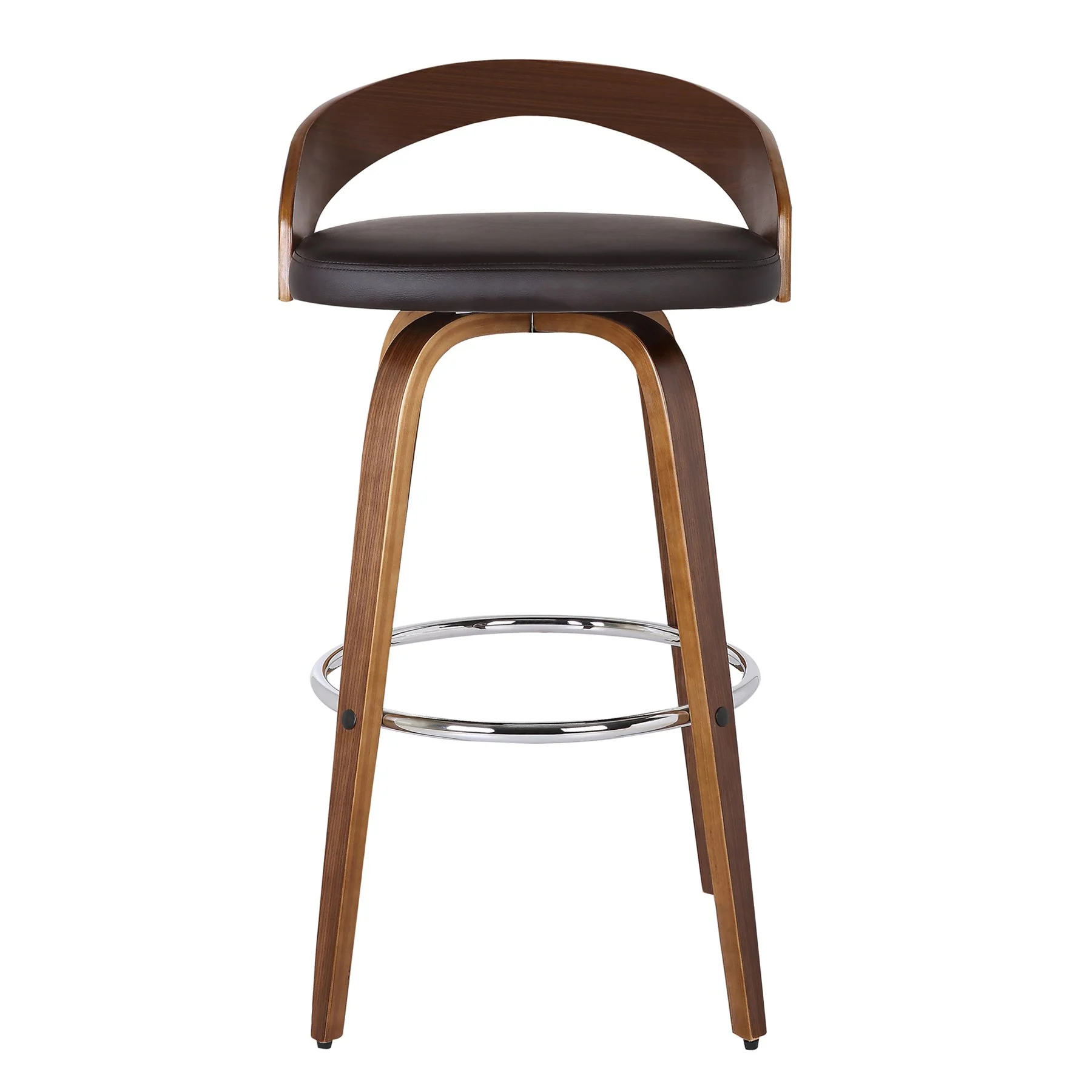Sonia 30" Bar Height Swivel Brown Faux Leather and Walnut Wood Bar Stool - Image 3