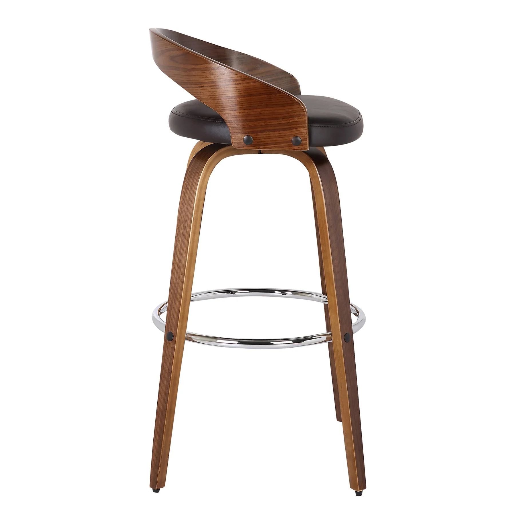 Sonia 30" Bar Height Swivel Brown Faux Leather and Walnut Wood Bar Stool - Image 4