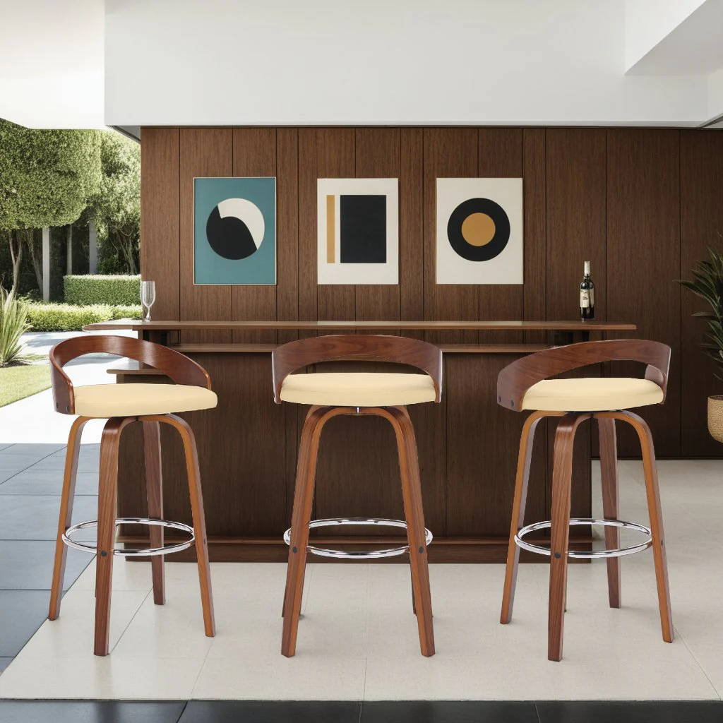 Sonia 30" Bar Height Swivel Cream Faux Leather and Walnut Wood Bar Stool - Image 9