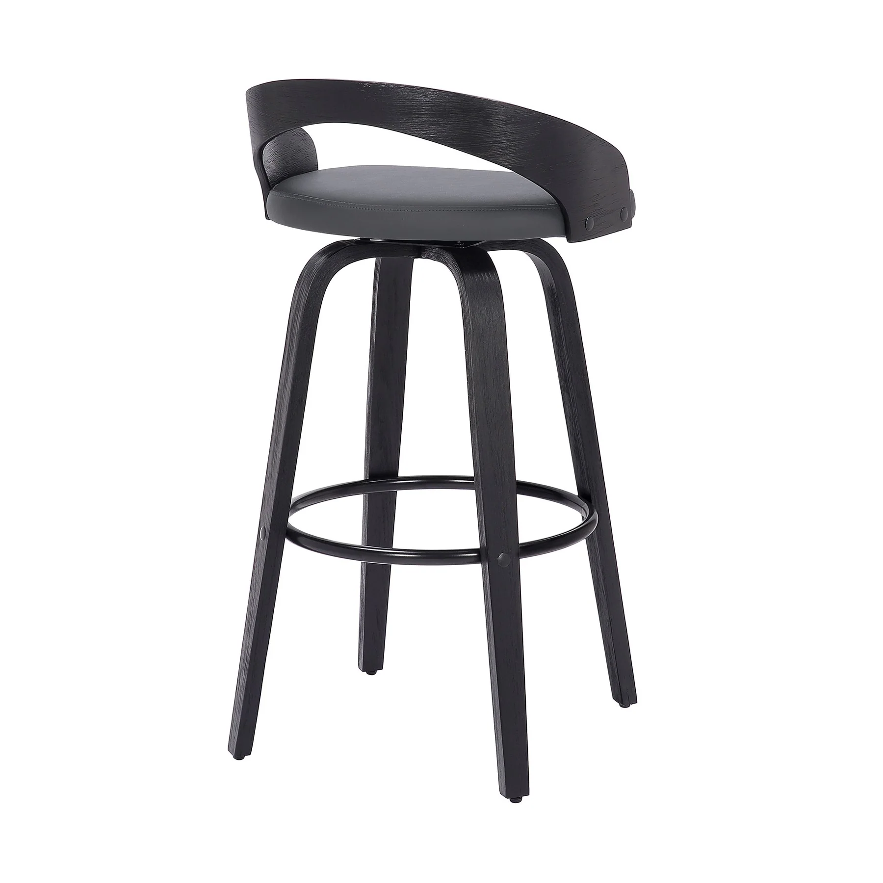 Sonia 30" Bar Height Swivel Gray Faux Leather and Black Wood Bar Stool - Image 4