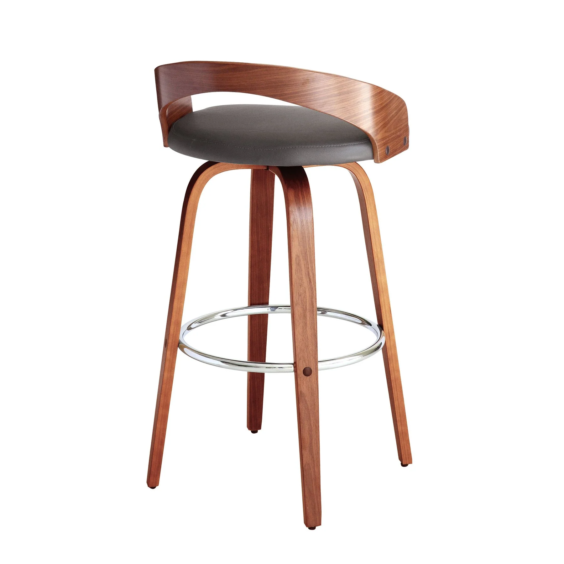 Sonia 30" Bar Height Swivel Gray Faux Leather and Walnut Wood Bar Stool - Image 4