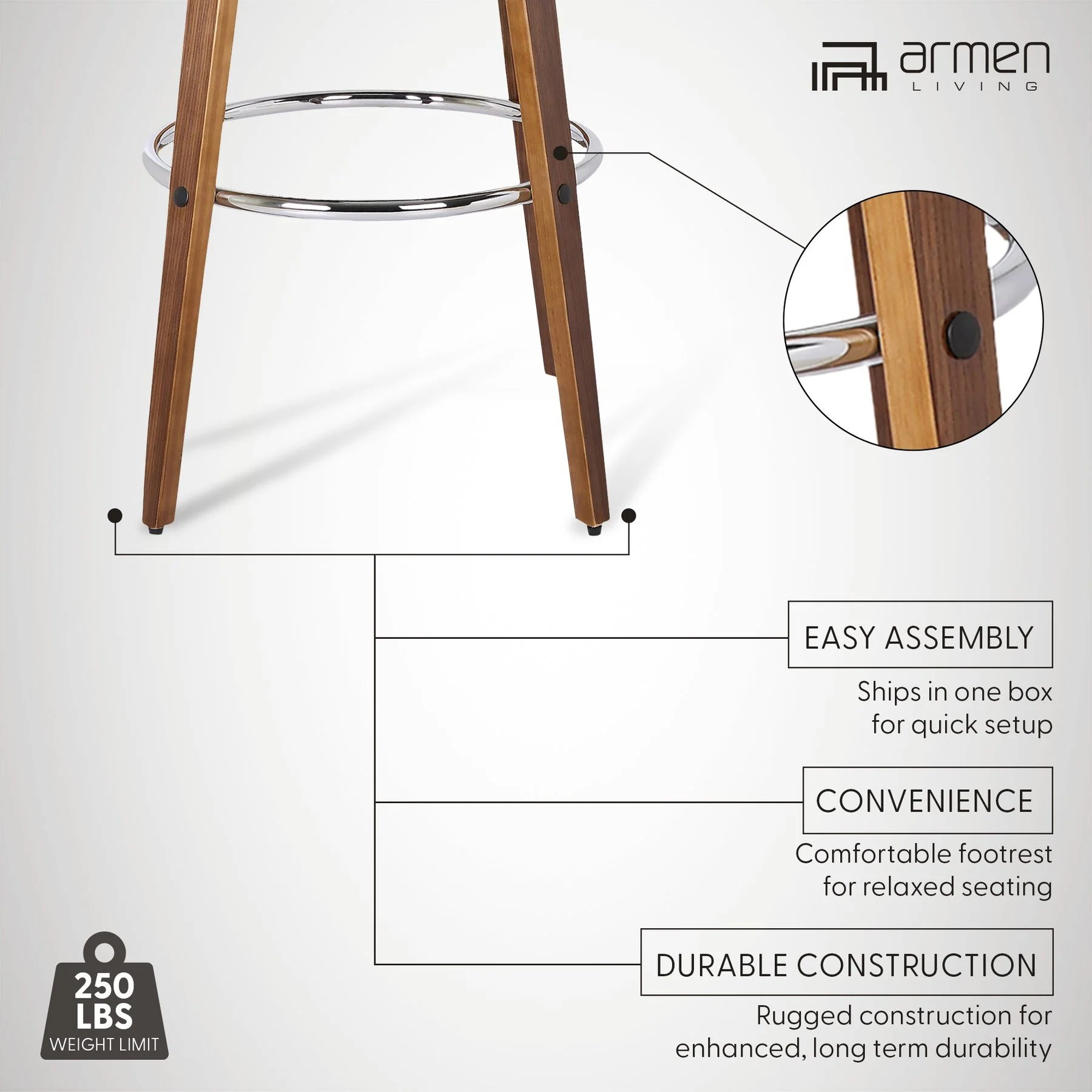 Sonia 30" Bar Height Swivel Gray Faux Leather and Walnut Wood Bar Stool - Image 9