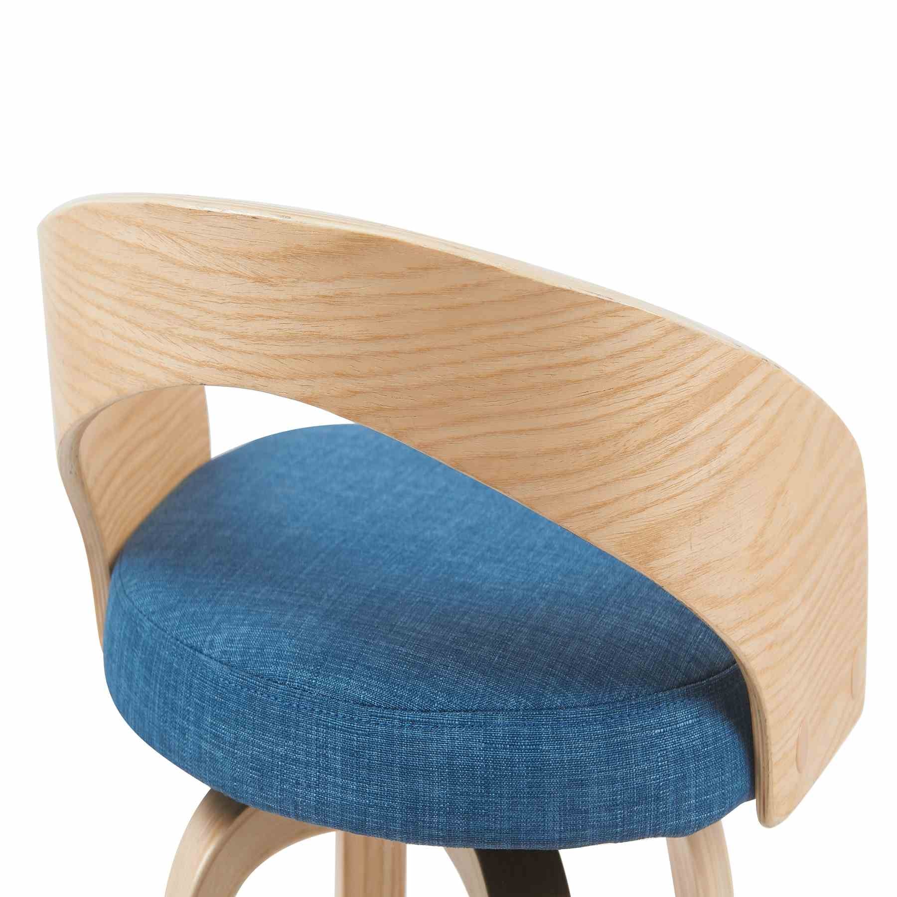 Sonia Modern Swivel Bar Height Stool with Blue Upholstered Seat and Patterned Oak Wood Finish - Image 5