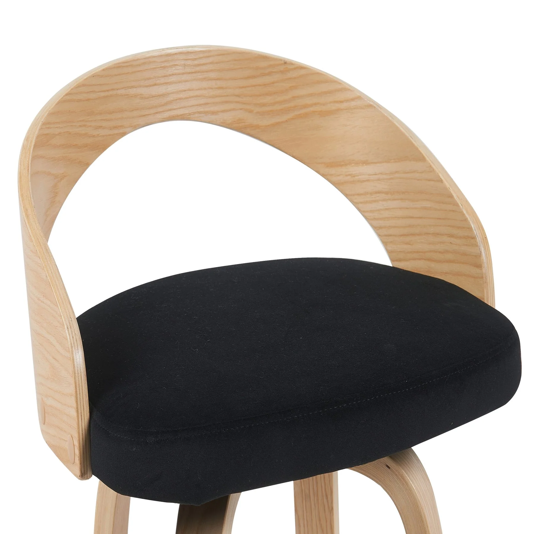 Sonia Modern Swivel Counter Height Bar Stool with Black Upholstered Seat and Patterned Oak Wood Finish - Image 4