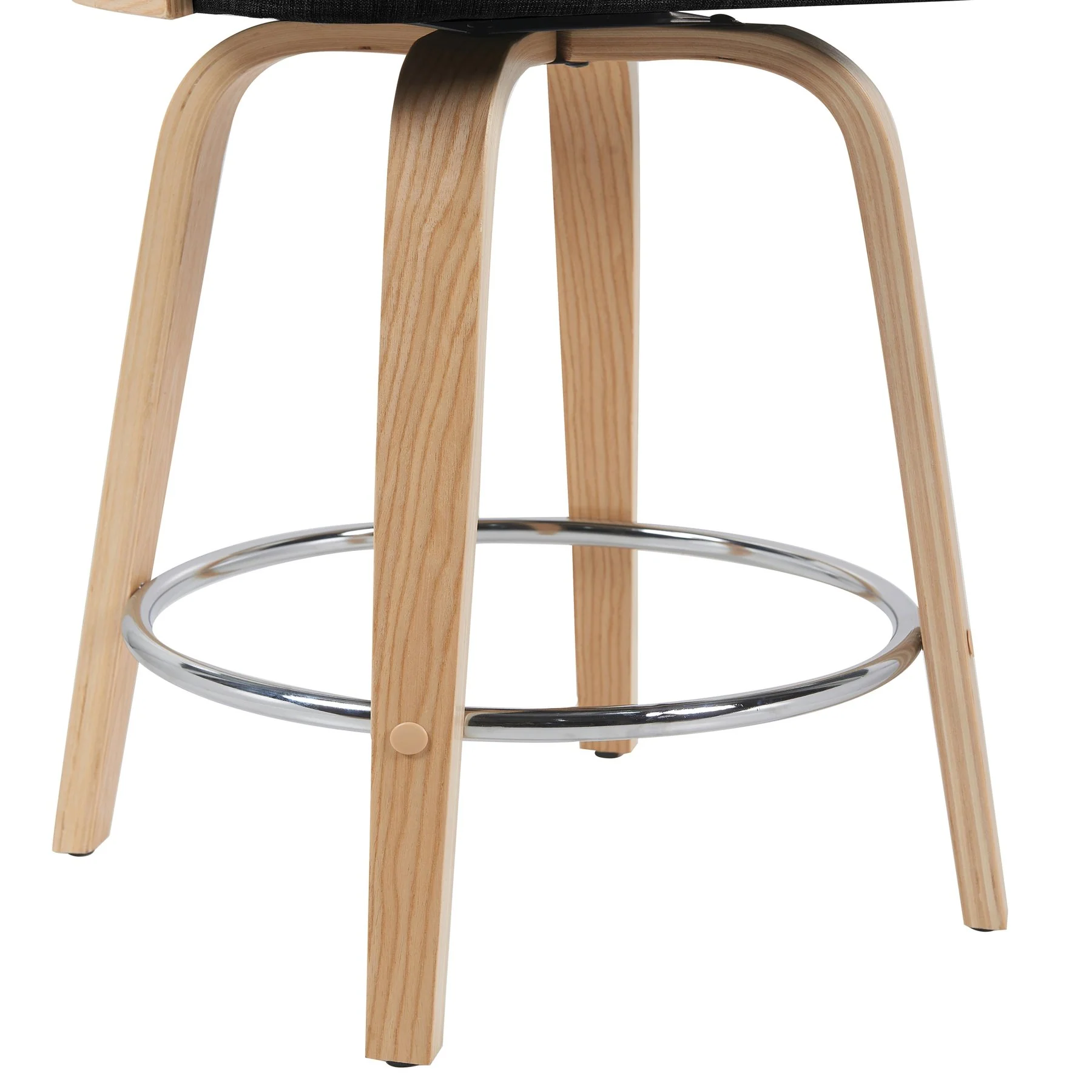 Sonia Modern Swivel Counter Height Bar Stool with Black Upholstered Seat and Patterned Oak Wood Finish - Image 6