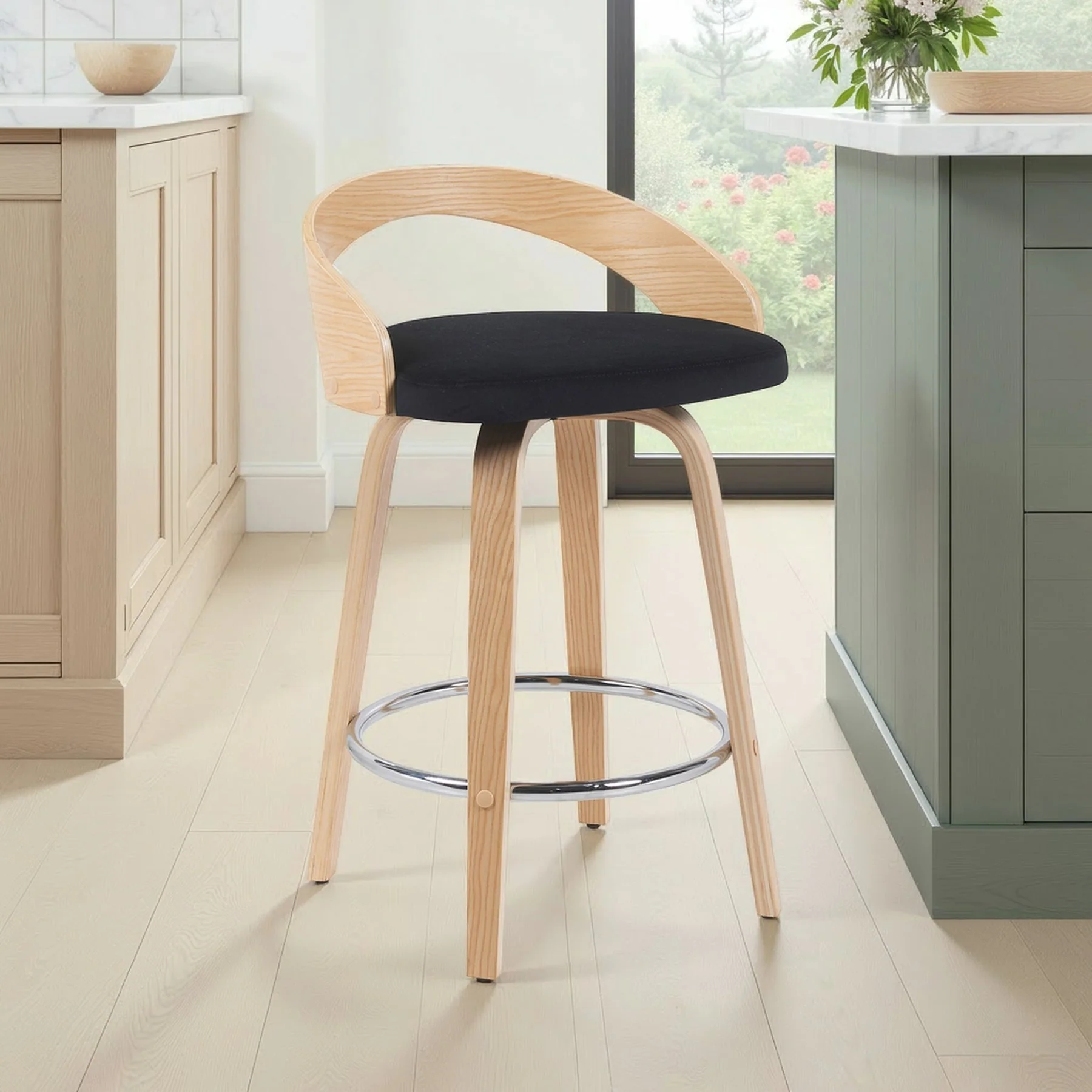 Sonia Modern Swivel Counter Height Bar Stool with Black Upholstered Seat and Patterned Oak Wood Finish - Image 7