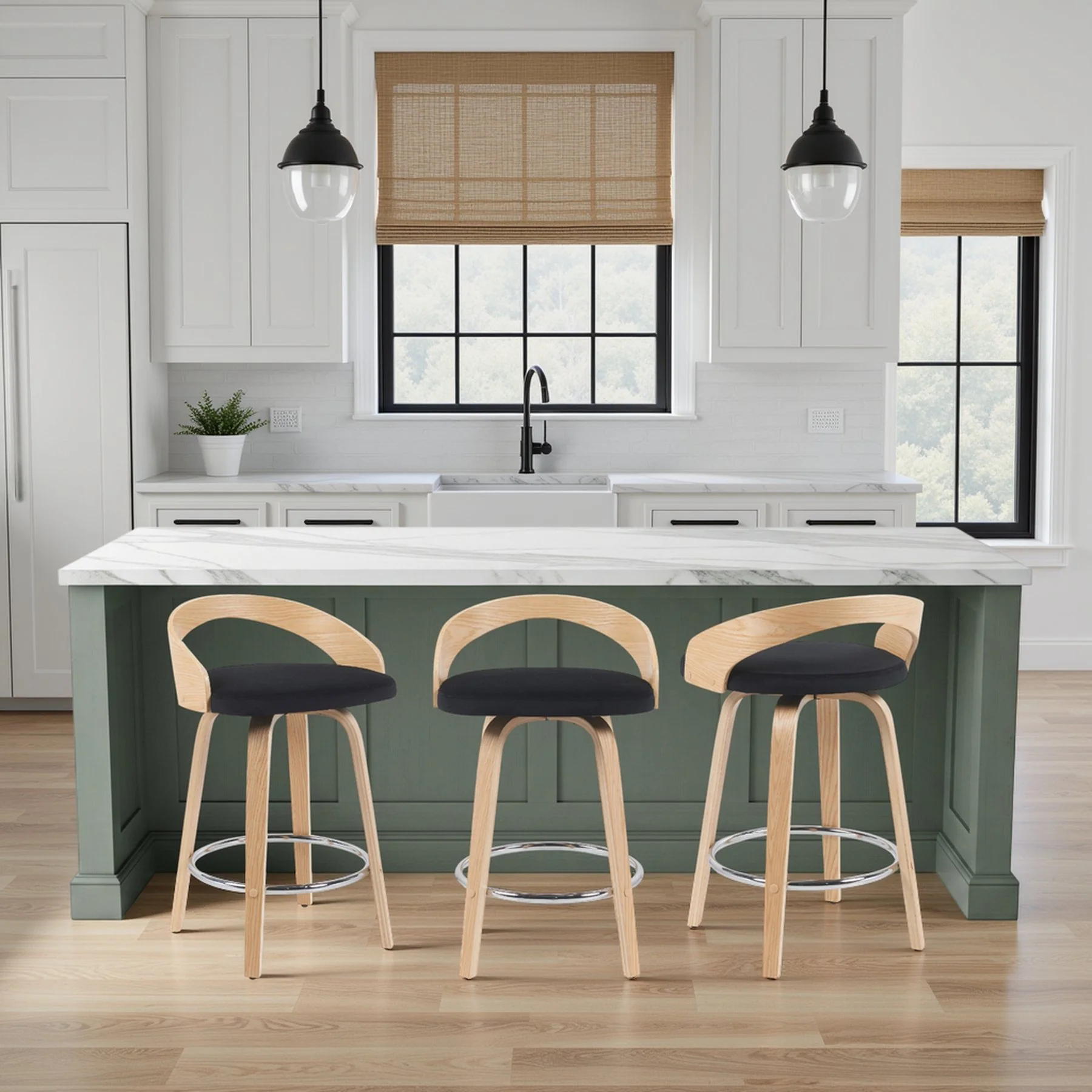 Sonia Modern Swivel Counter Height Bar Stool with Black Upholstered Seat and Patterned Oak Wood Finish - Image 8