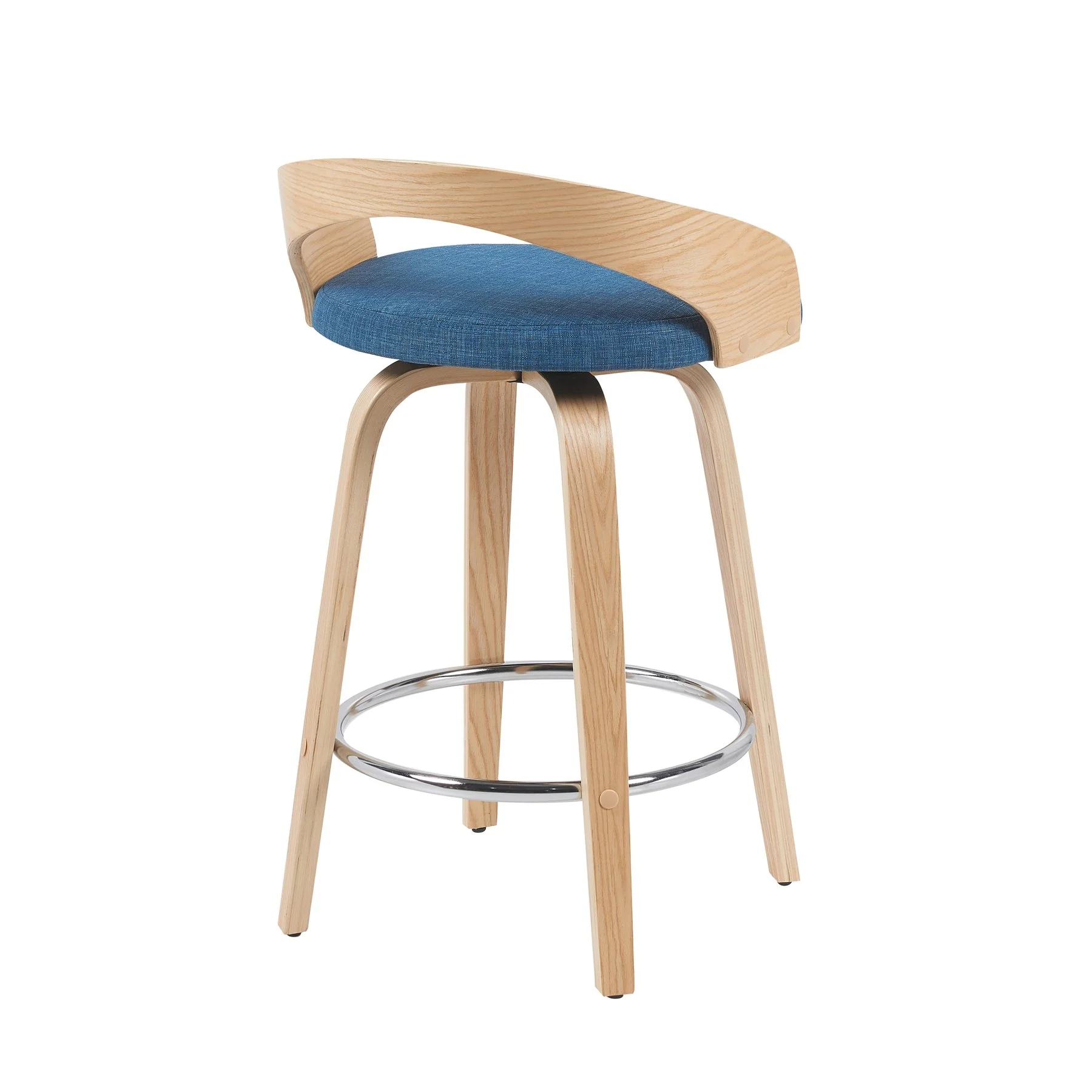 Sonia Modern Swivel Counter Height Bar Stool with Blue Upholstered Seat and Patterned Oak Wood Finish - Image 3