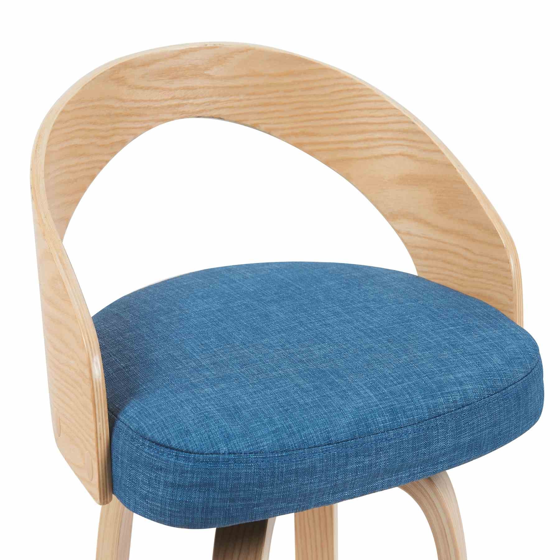 Sonia Modern Swivel Counter Height Bar Stool with Blue Upholstered Seat and Patterned Oak Wood Finish - Image 4