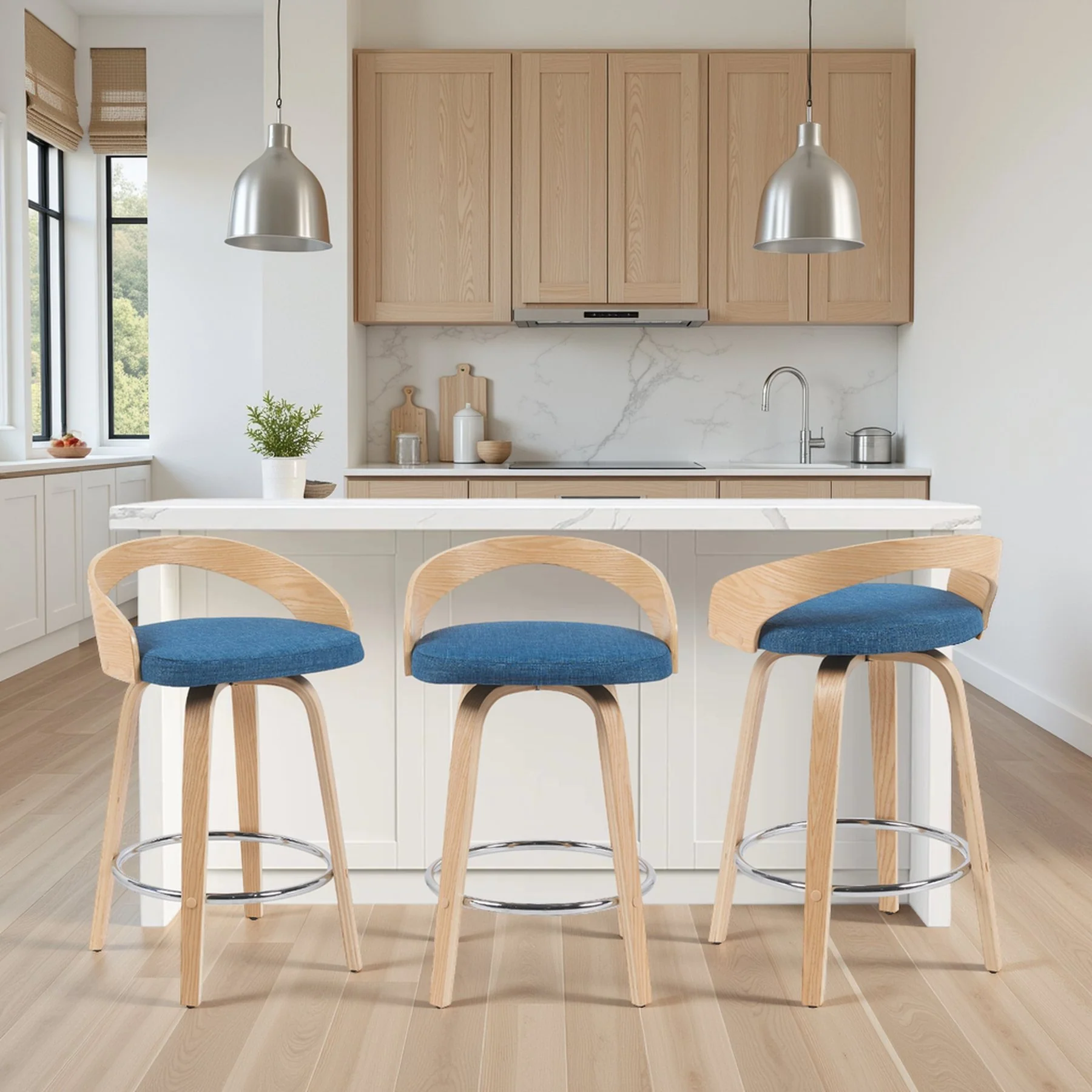 Sonia Modern Swivel Counter Height Bar Stool with Blue Upholstered Seat and Patterned Oak Wood Finish - Image 8