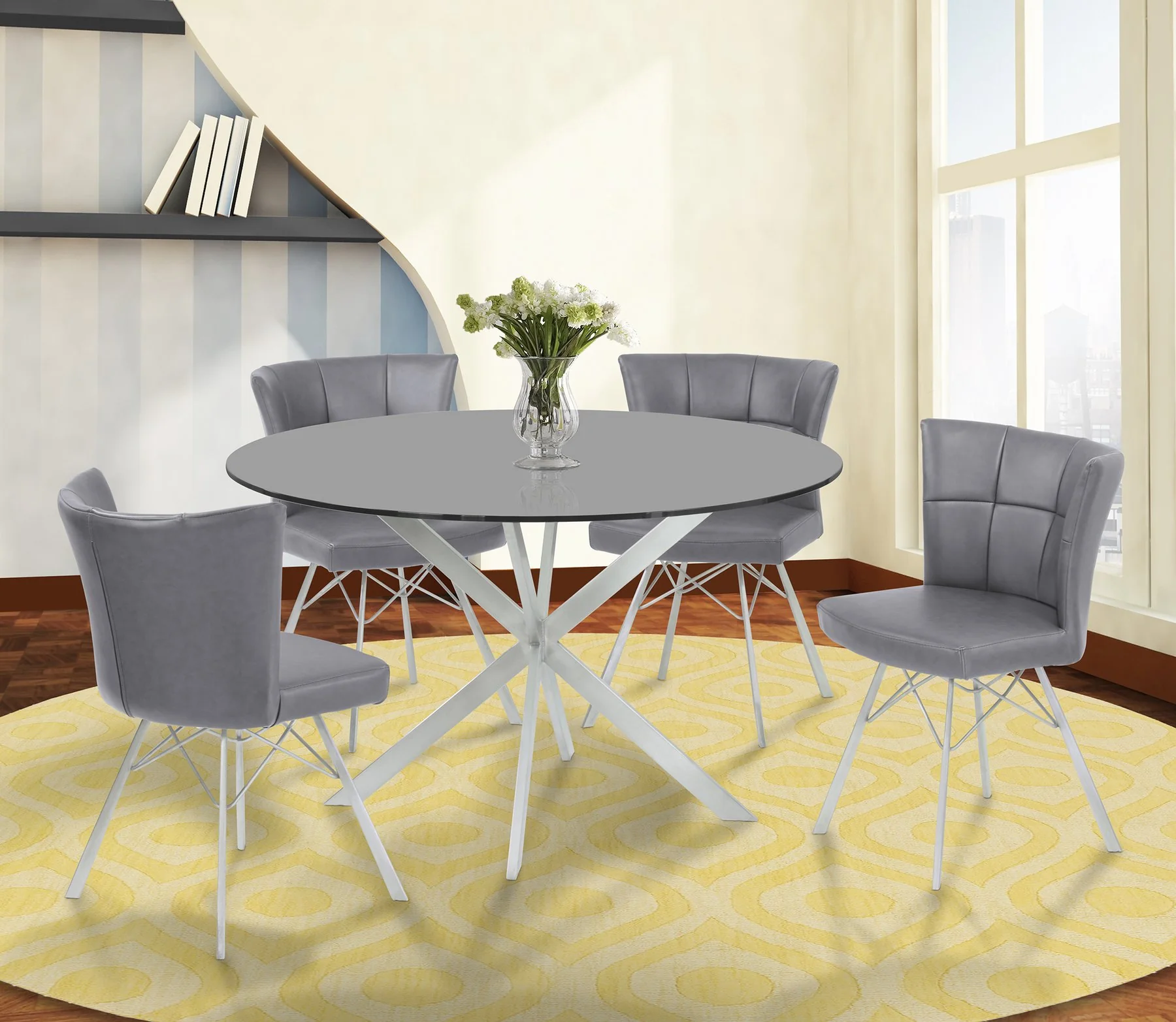 Spago Contemporary Dining Chair in Vintage Gray Faux Leather with Brushed Stainless Steel Finish - Set of 2 - Image 8