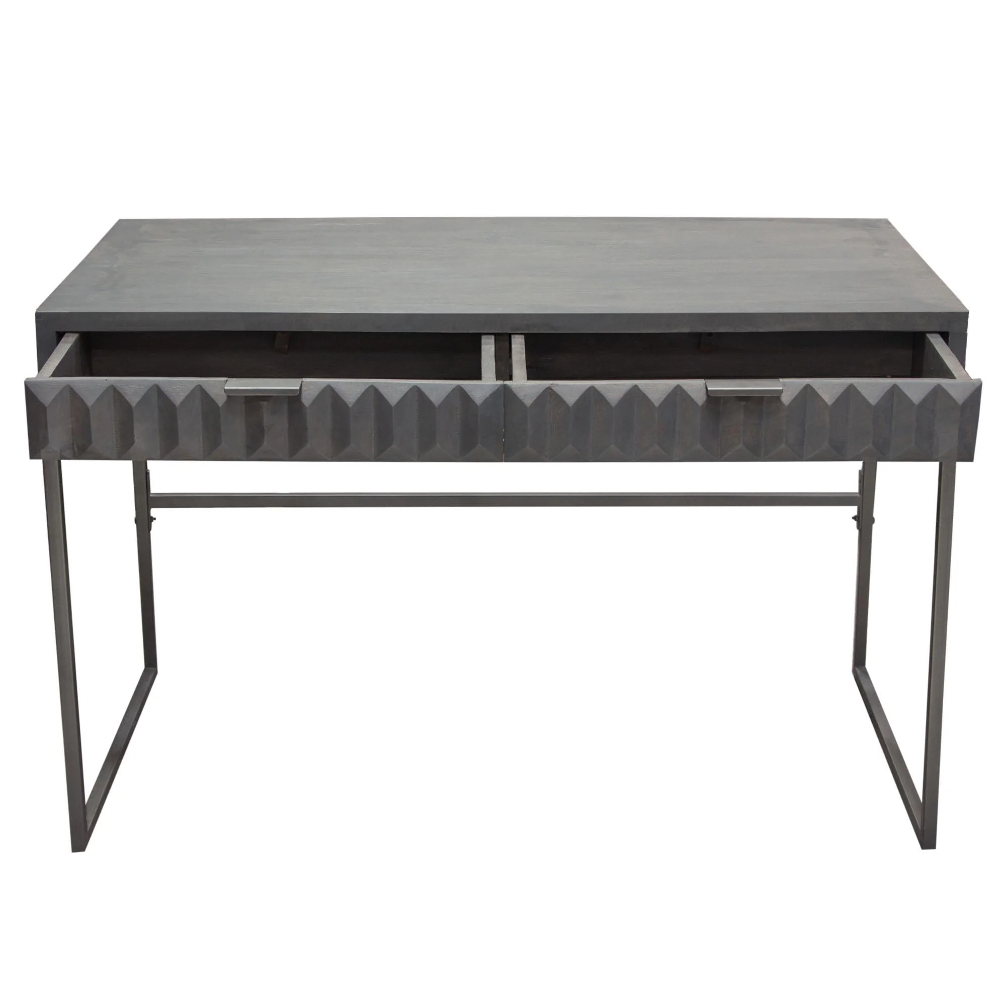 Spectrum 2-Drawer Solid Mango Wood Desk in Smoke Grey Finish w/ Gun Metal Finished Legs by Diamond Sofa - Image 4