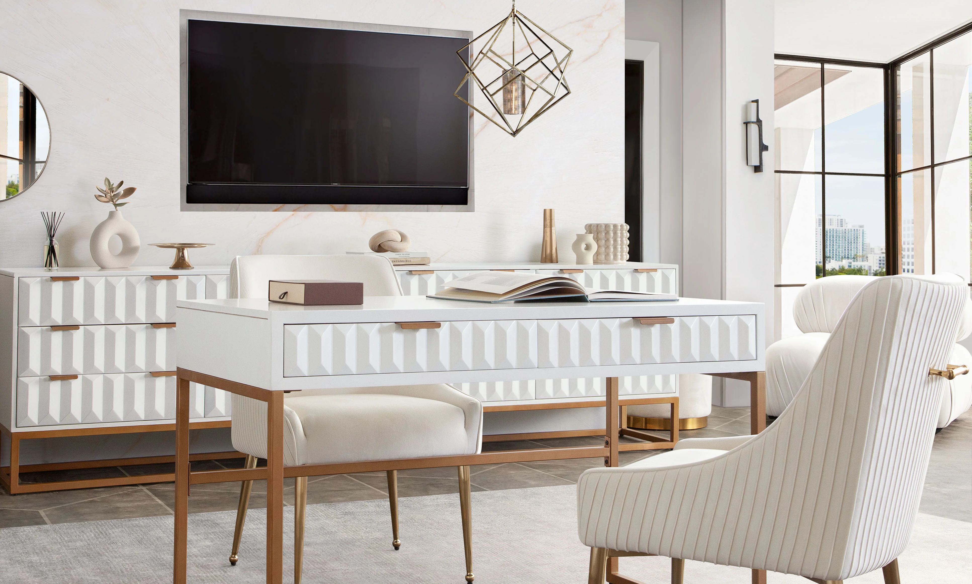 Spectrum 2-Drawer Solid Mango Wood Desk in White Finish w/ Gold Finished Iron Legs by Diamond Sofa - Image 5