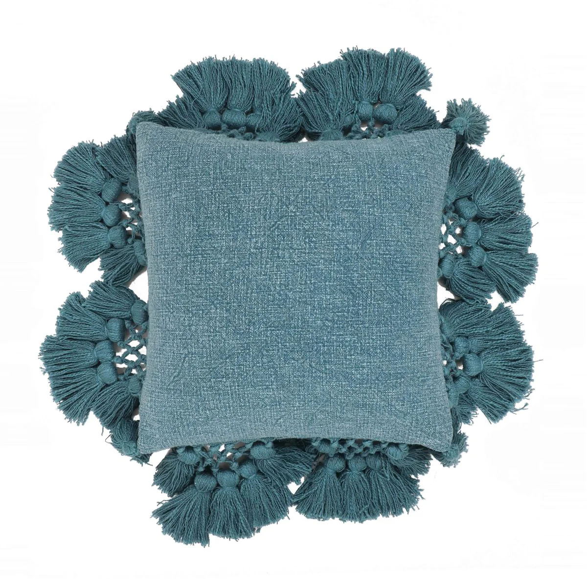 Stone Washed Denim Blue Cotton Tasseled Pillow - Image 5