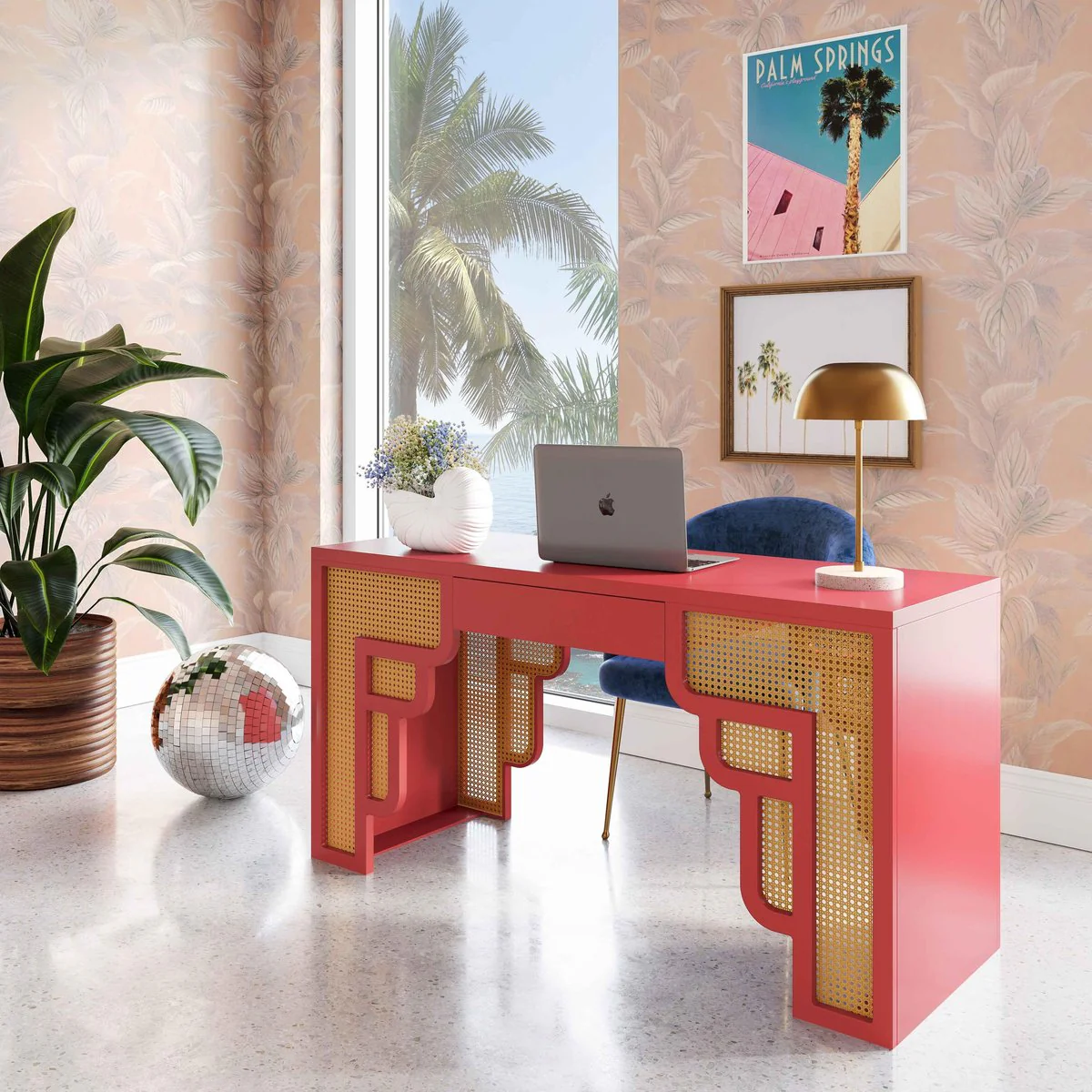 Suzie Coral Pink & Rattan Executive Desk - Image 2