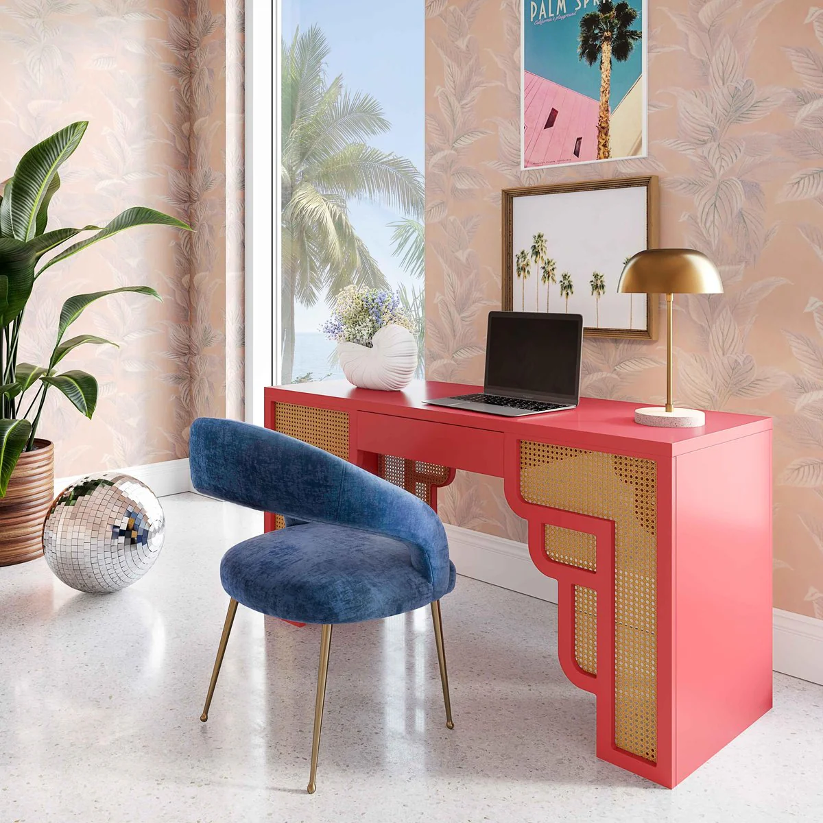 Suzie Coral Pink & Rattan Executive Desk - Image 9