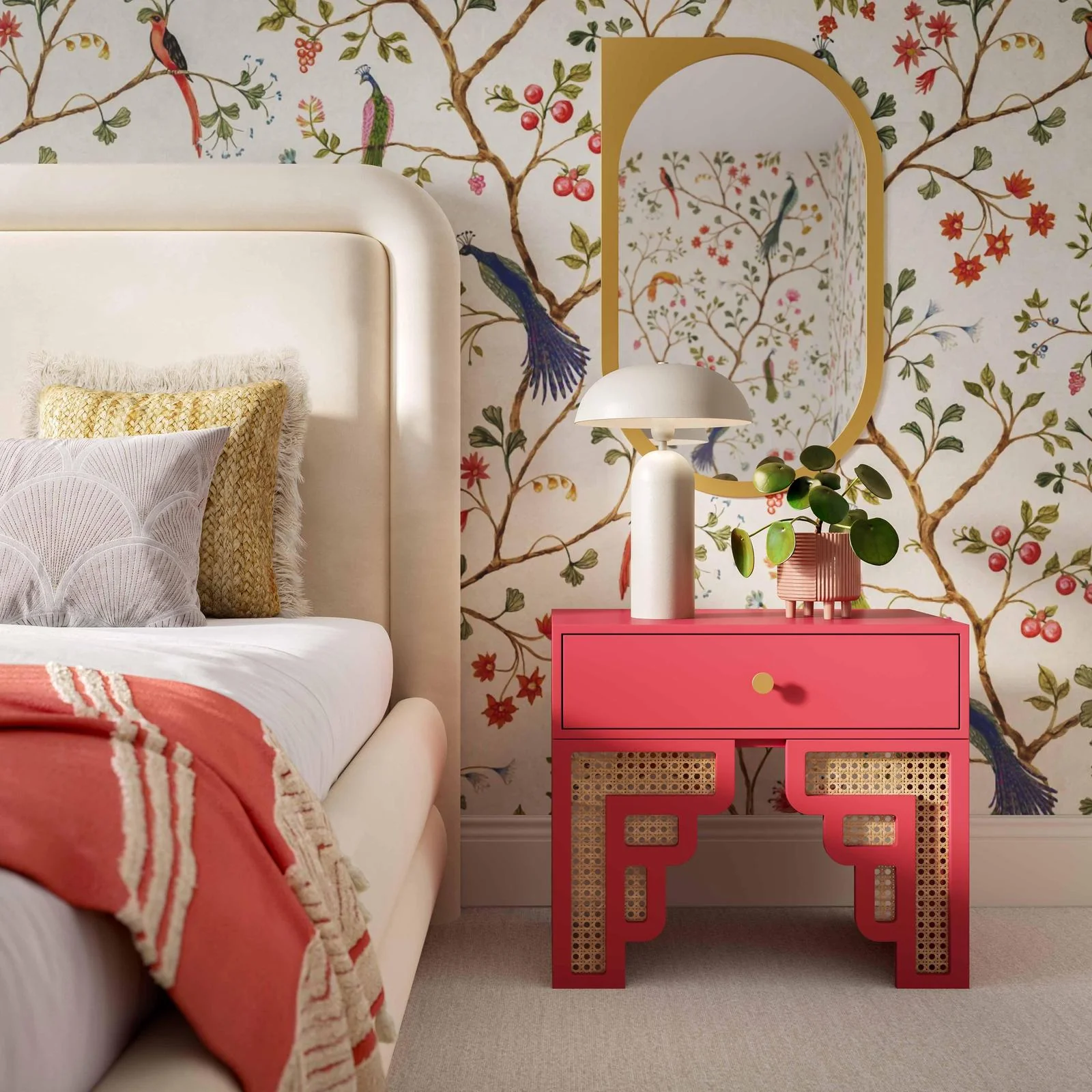 Suzie Coral Pink & Rattan Nightstand - Image 2