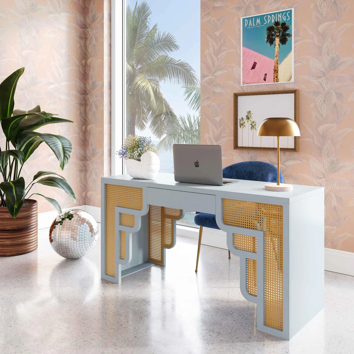 Suzie Pastel Blue & Rattan Executive Desk - Image 2