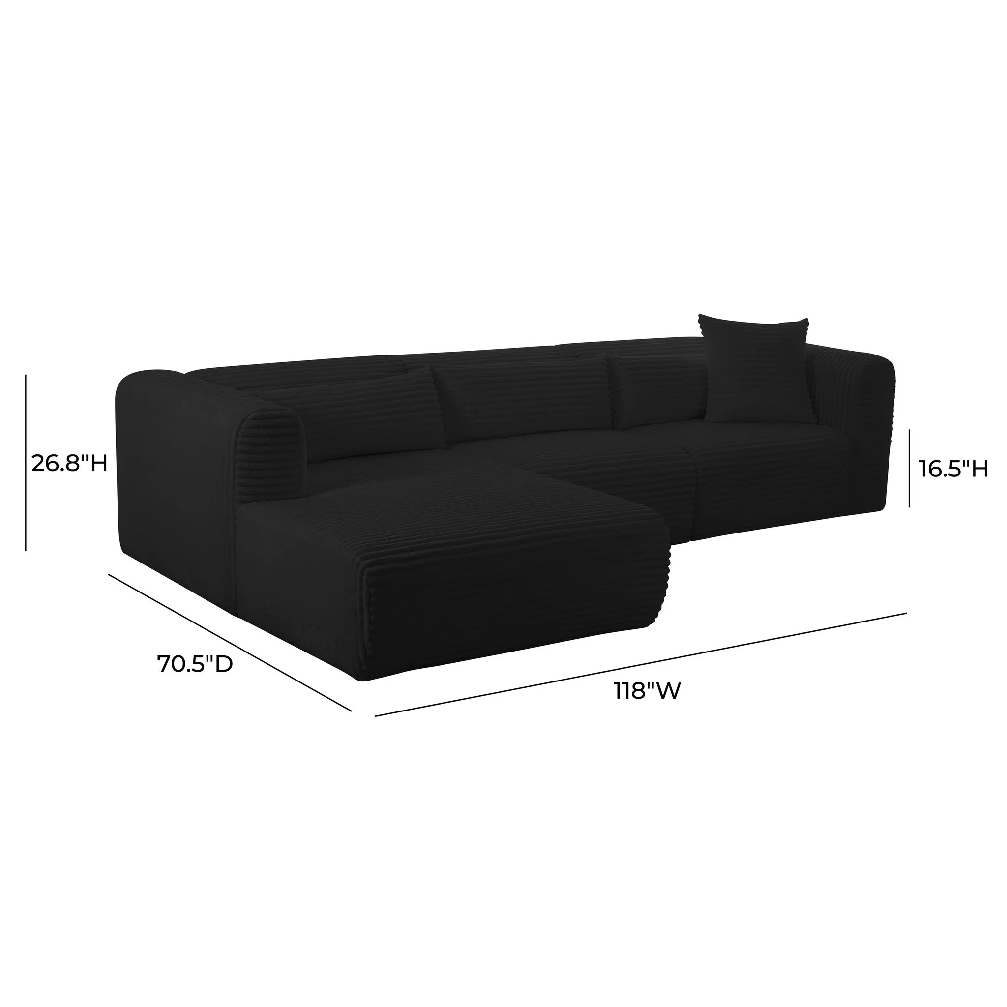 Tarra Fluffy Oversized Black Corduroy Modular LAF Chaise - Image 15