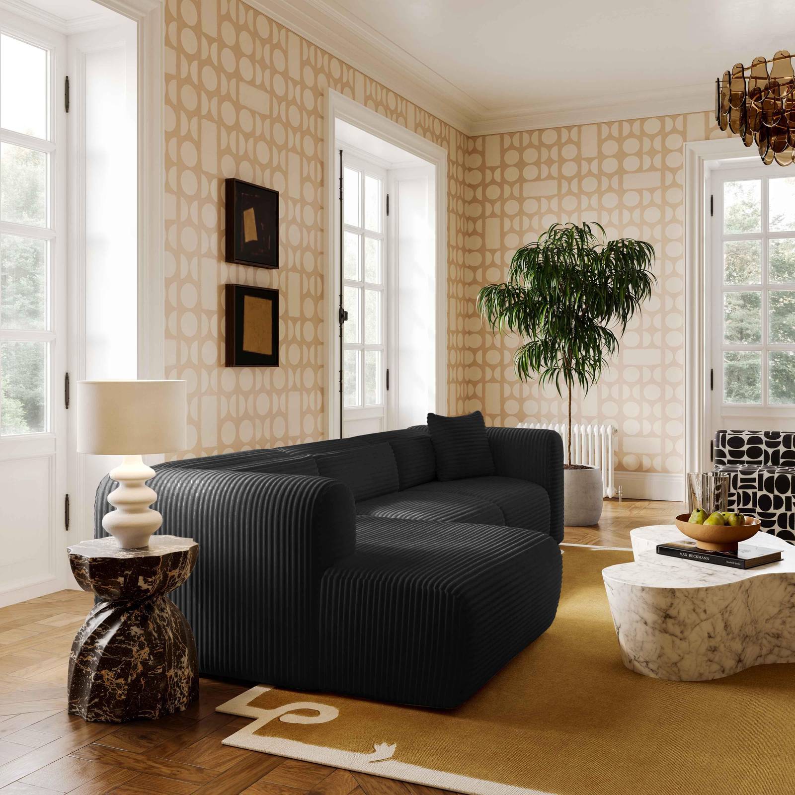 Tarra Fluffy Oversized Black Corduroy Modular LAF Chaise - Image 3
