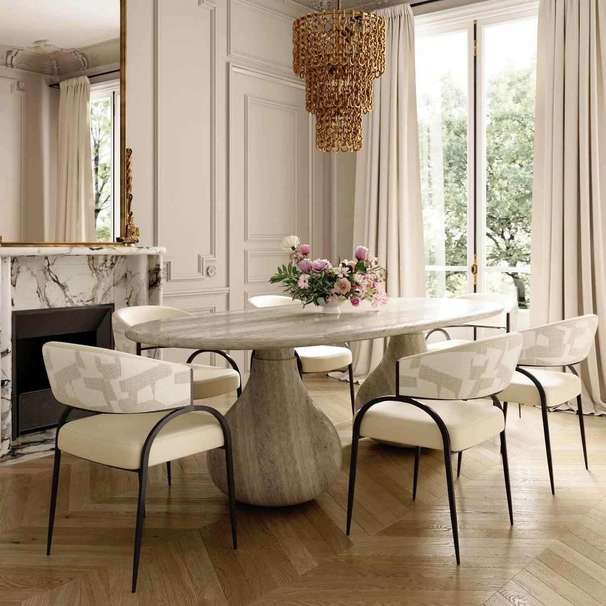 Tatum Cream Vegan Leather and 2-Tone Jacquard Dining Chair - Image 2