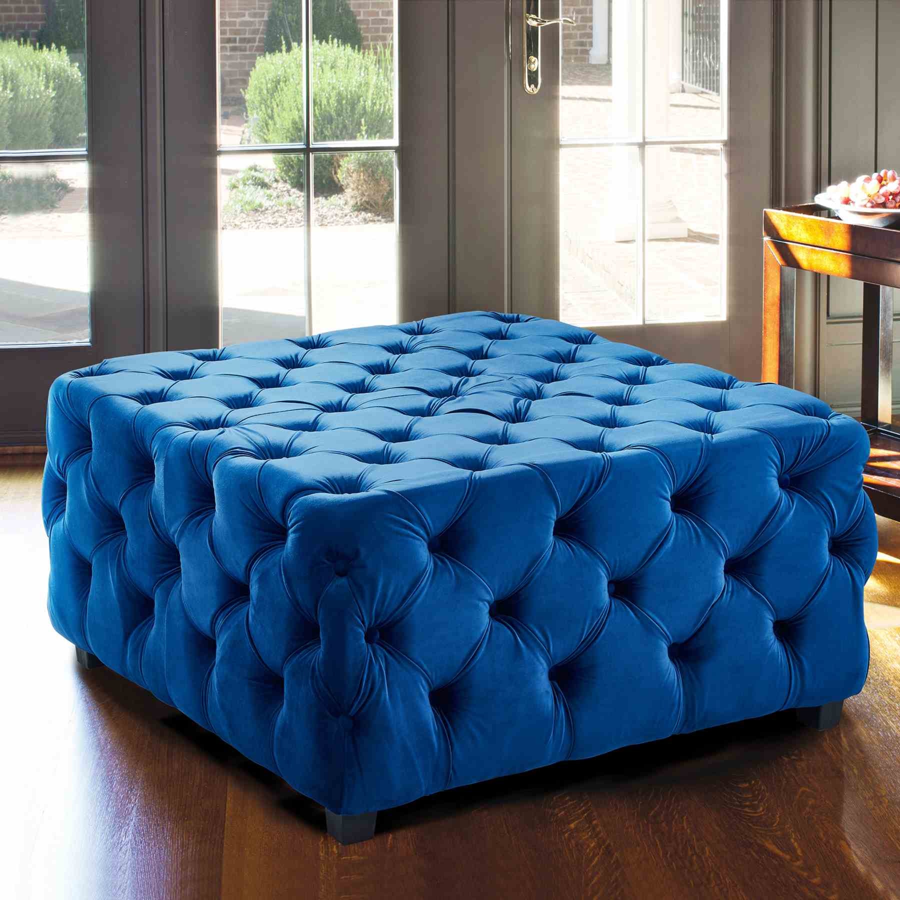 Taurus Contemporary Ottoman in Blue Velvet with Wood Legs - Image 3
