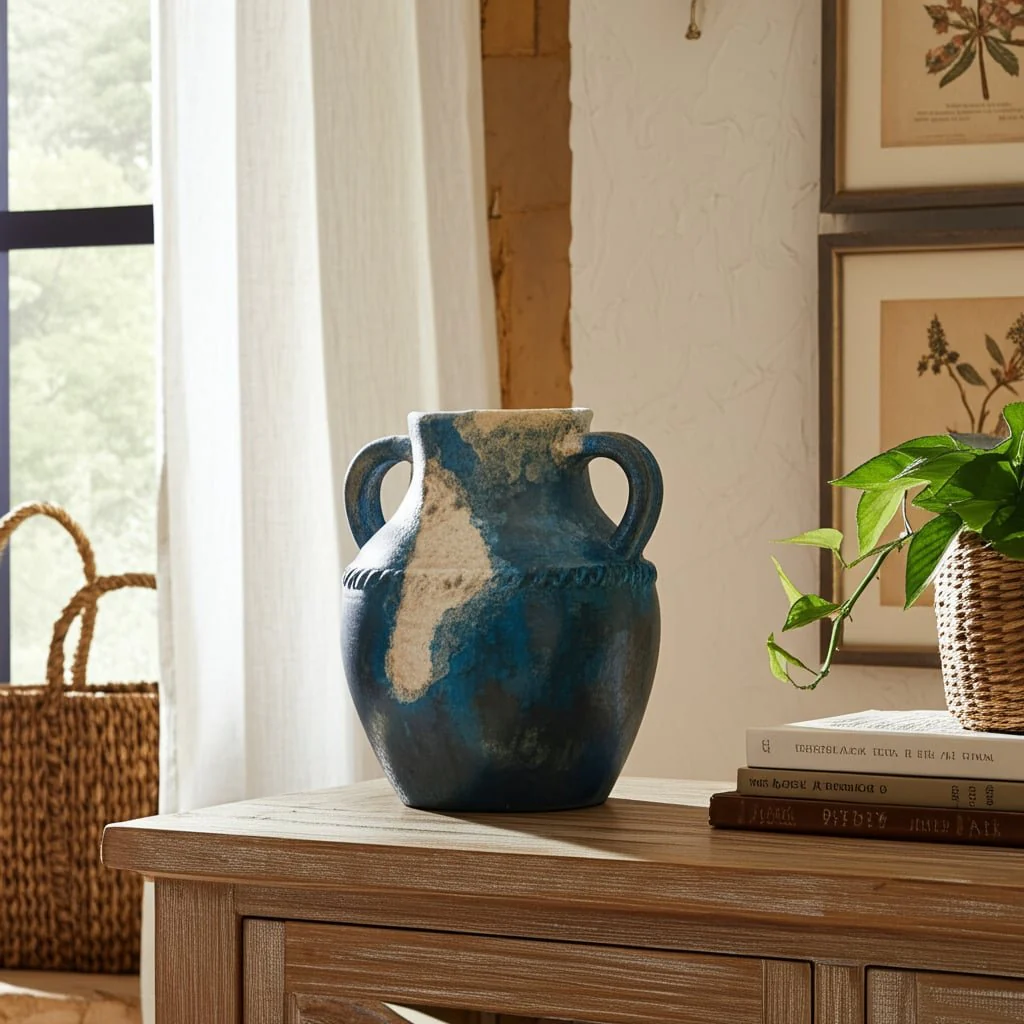 Terracotta, 10" Triple Handle Jug, Blue/ivory - Image 11