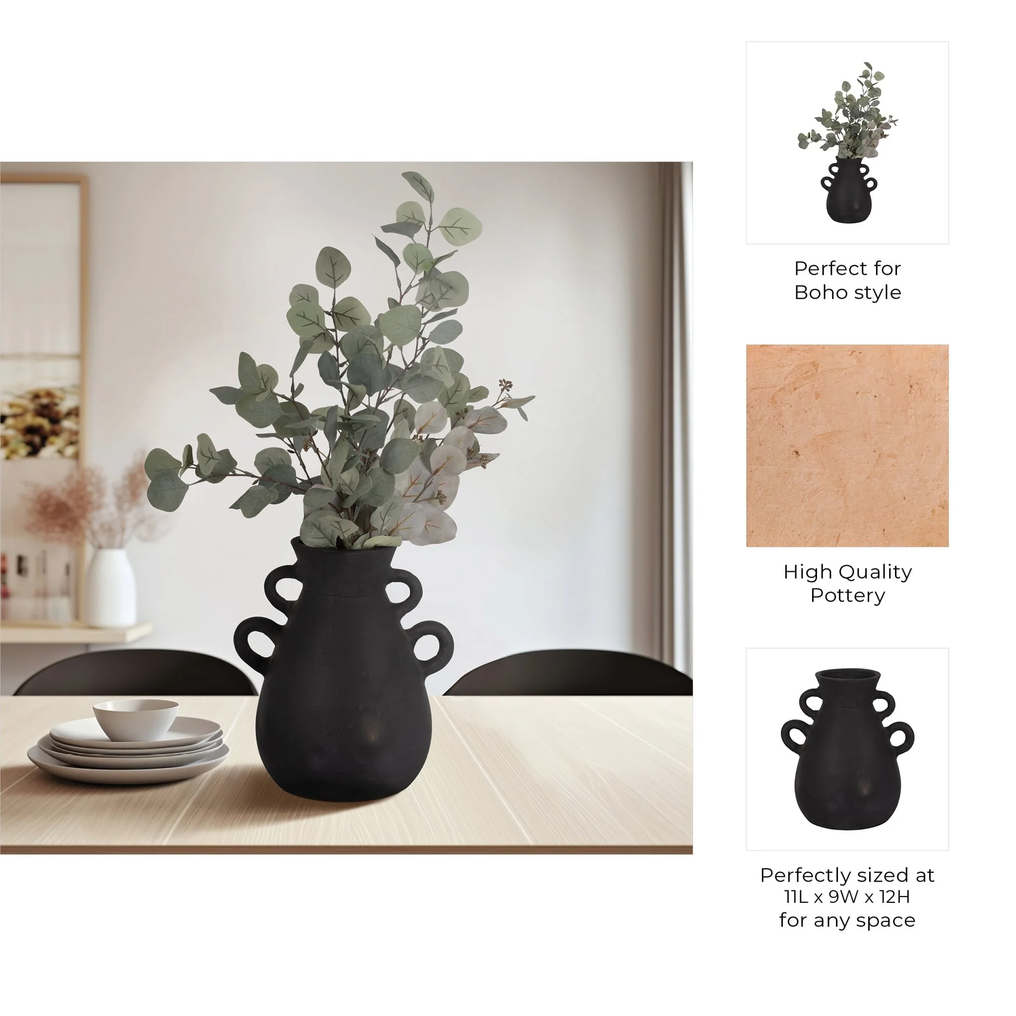 Terracotta, 12" Vase With 4 Handles, Black - Image 9